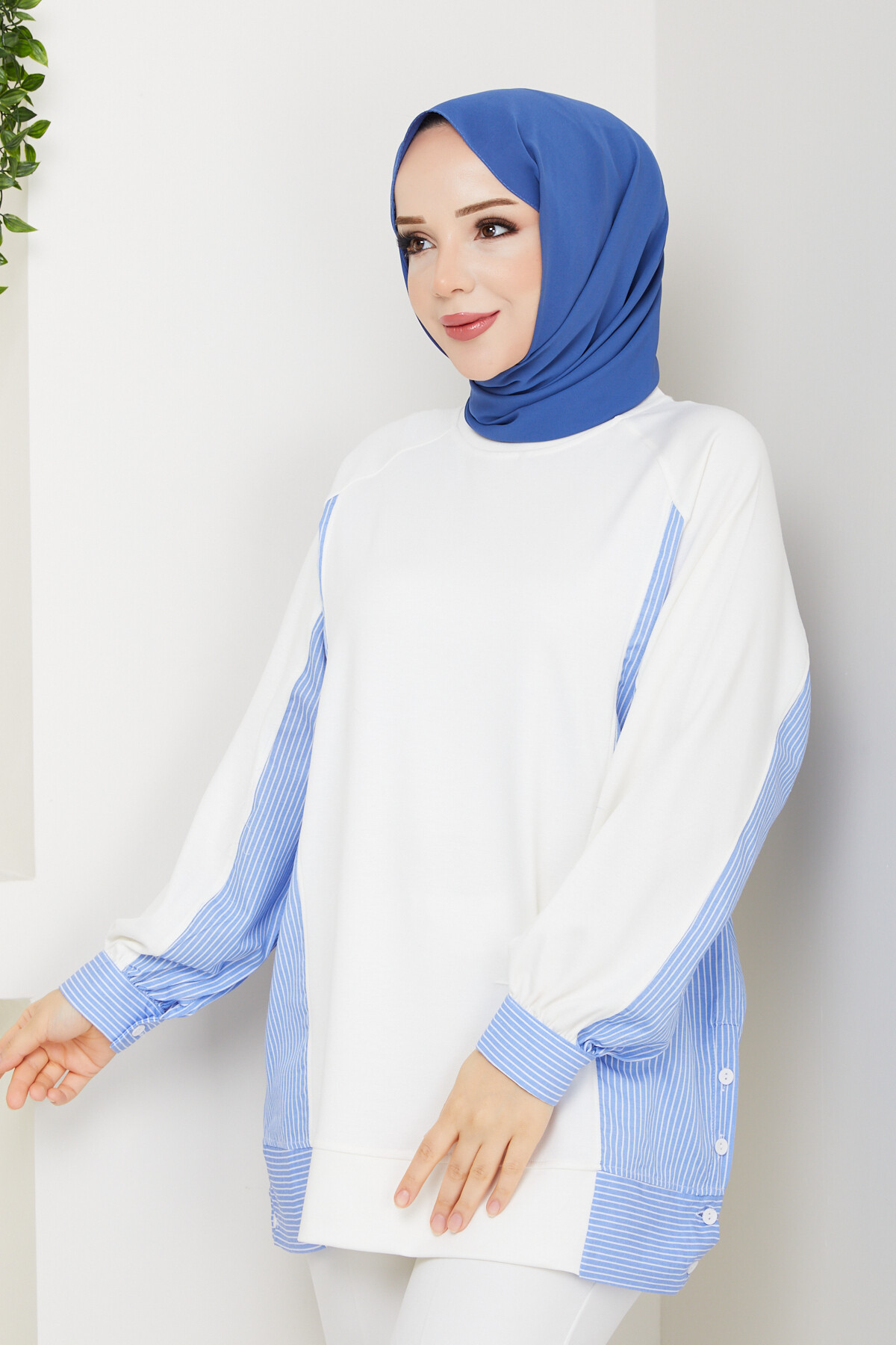 Oysho Yan Düğmeli Çizgi Garnili Tunik Beyaz