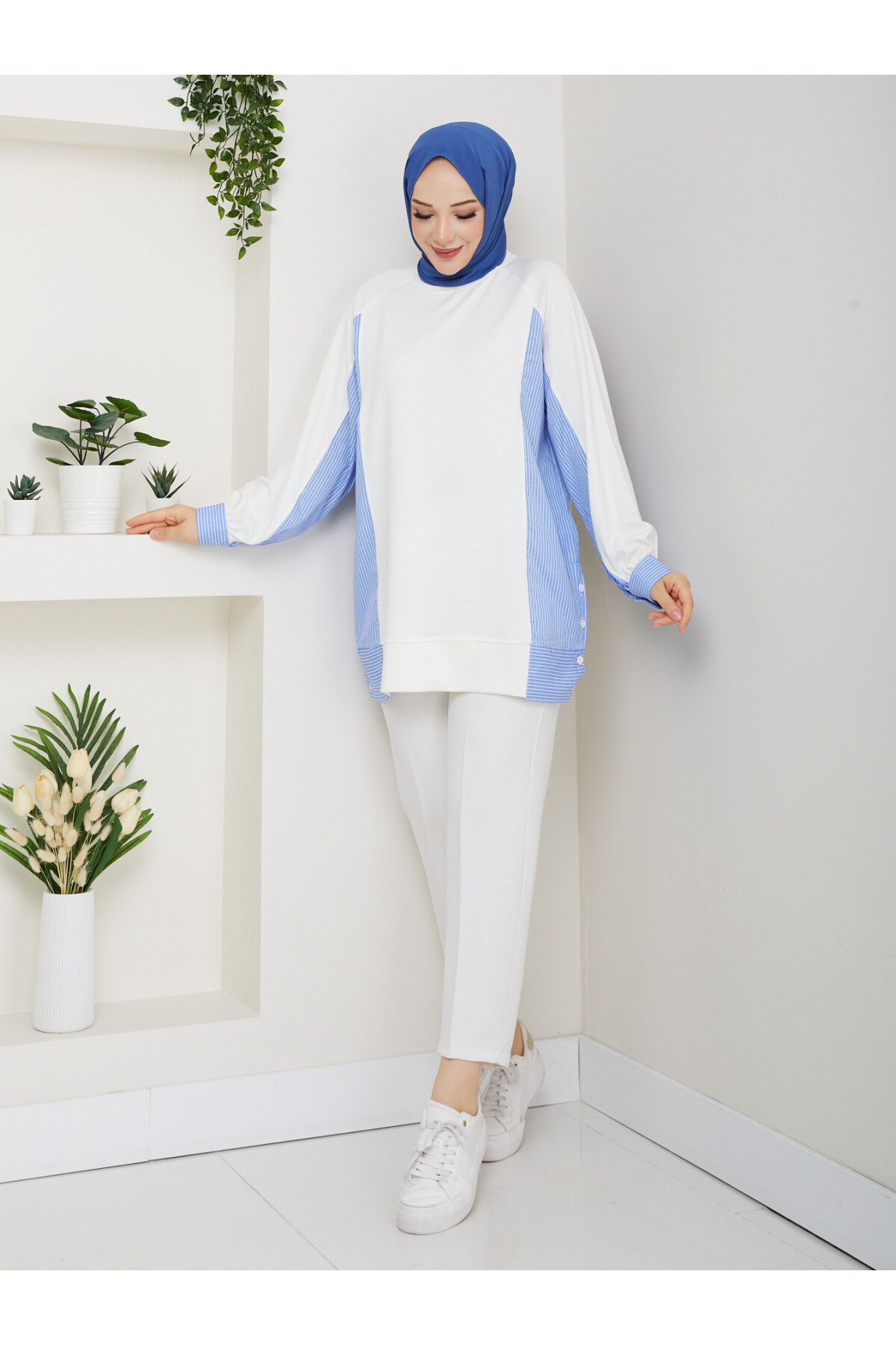 Oysho Yan Düğmeli Çizgi Garnili Tunik Beyaz