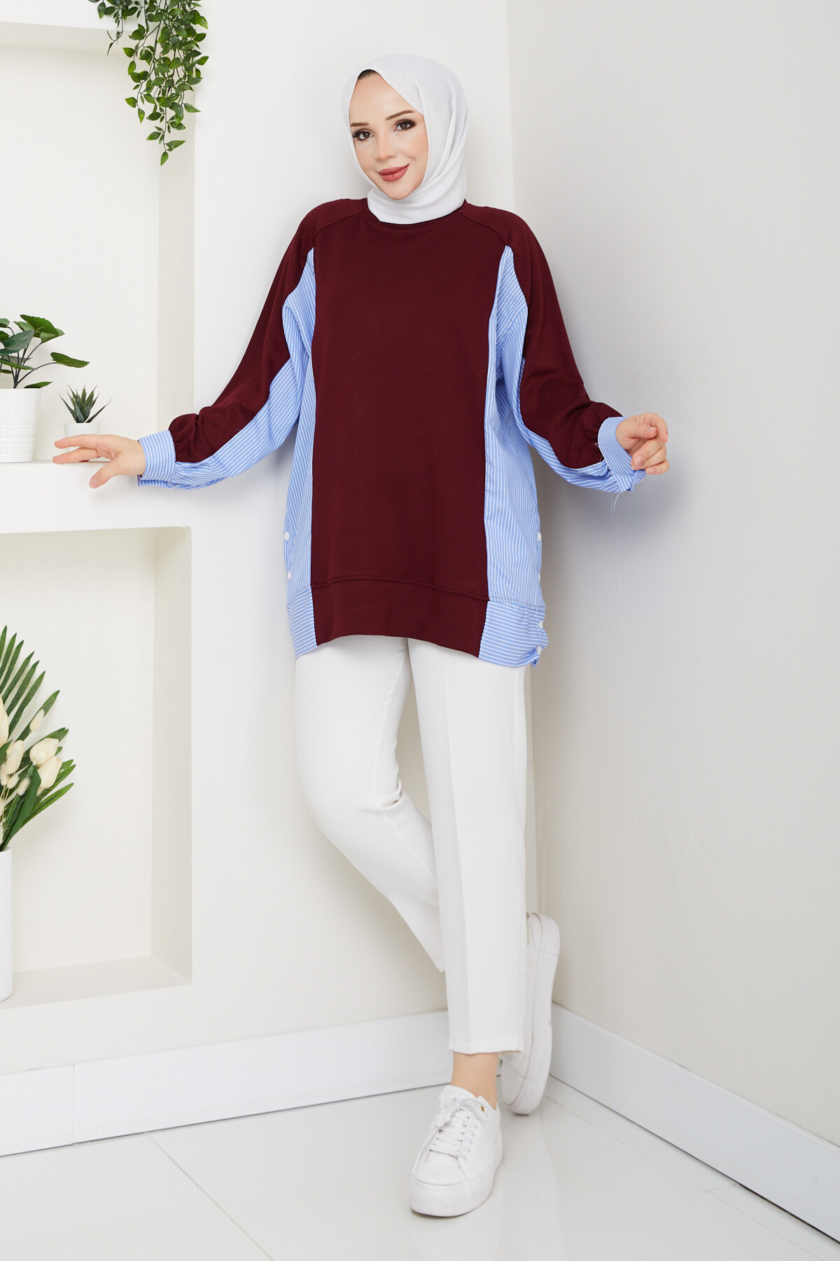 Oysho Yan Düğmeli Çizgi Garnili Tunik Bordo