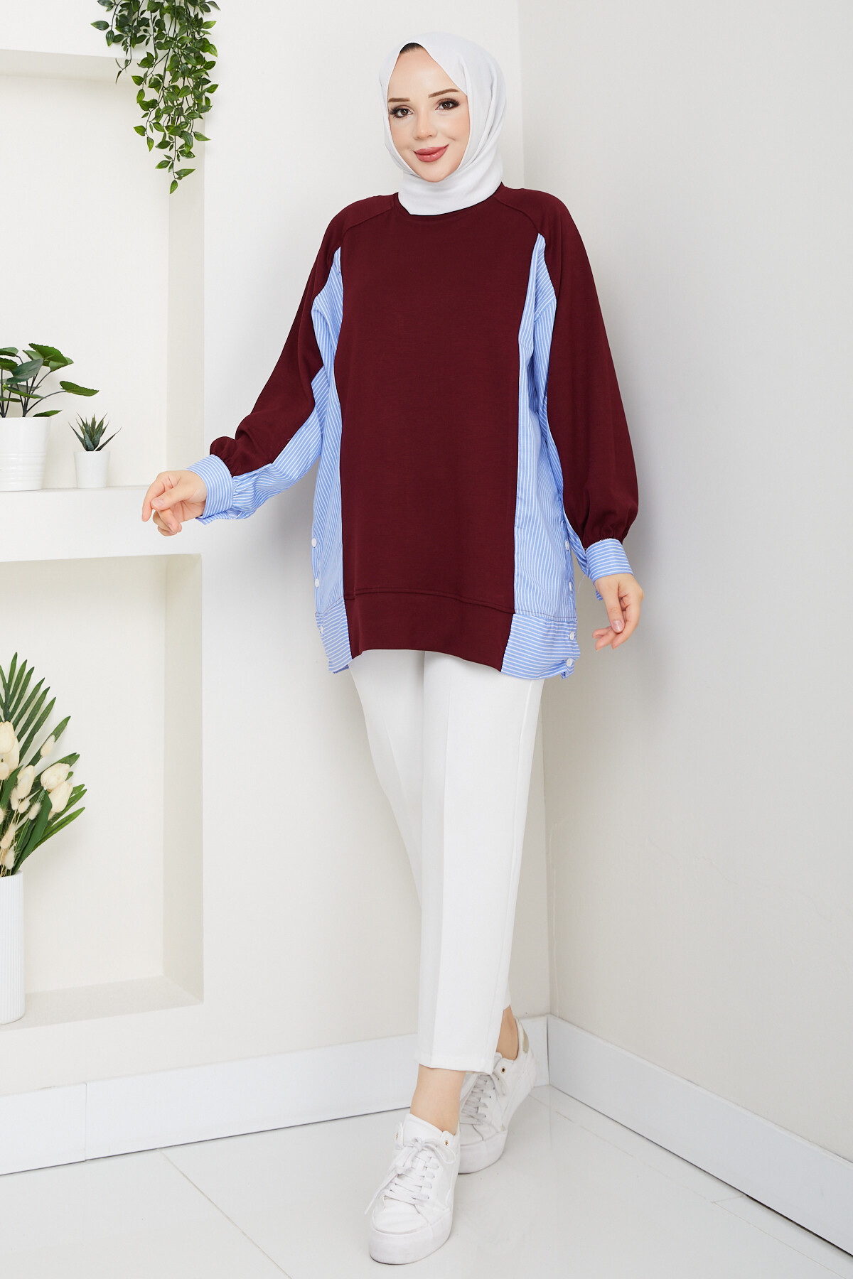 Oysho Yan Düğmeli Çizgi Garnili Tunik Bordo