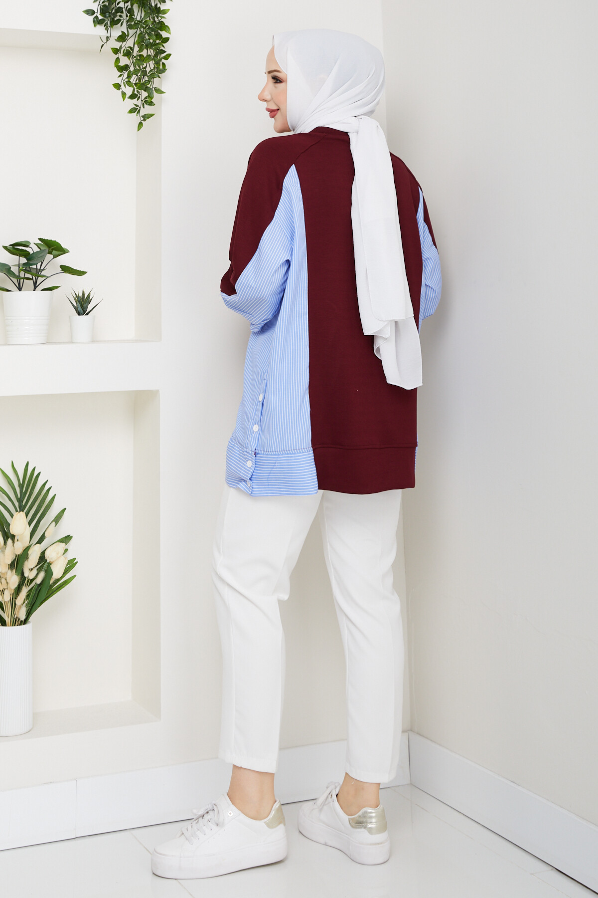 Oysho Yan Düğmeli Çizgi Garnili Tunik Bordo