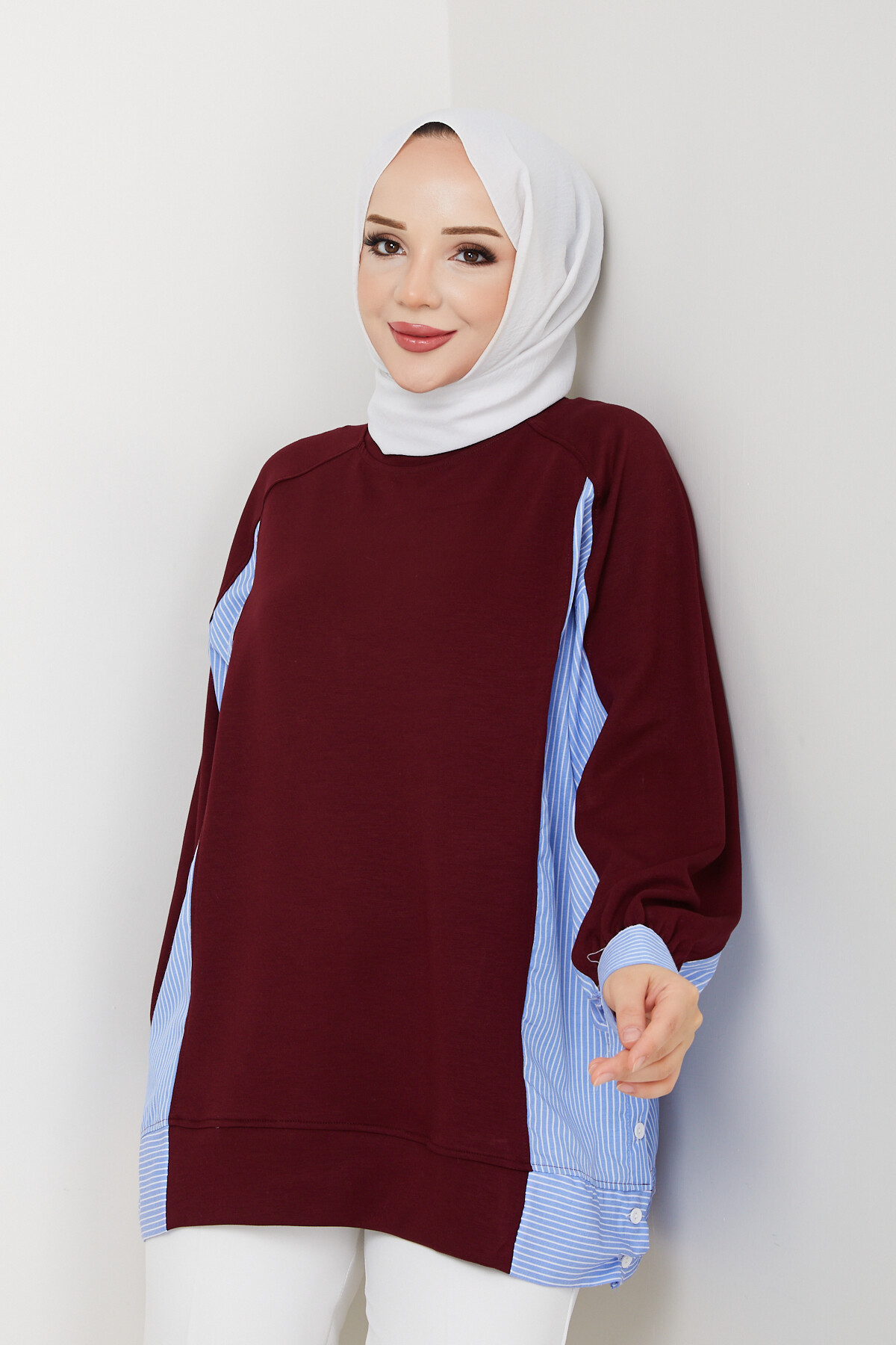 Oysho Yan Düğmeli Çizgi Garnili Tunik Bordo