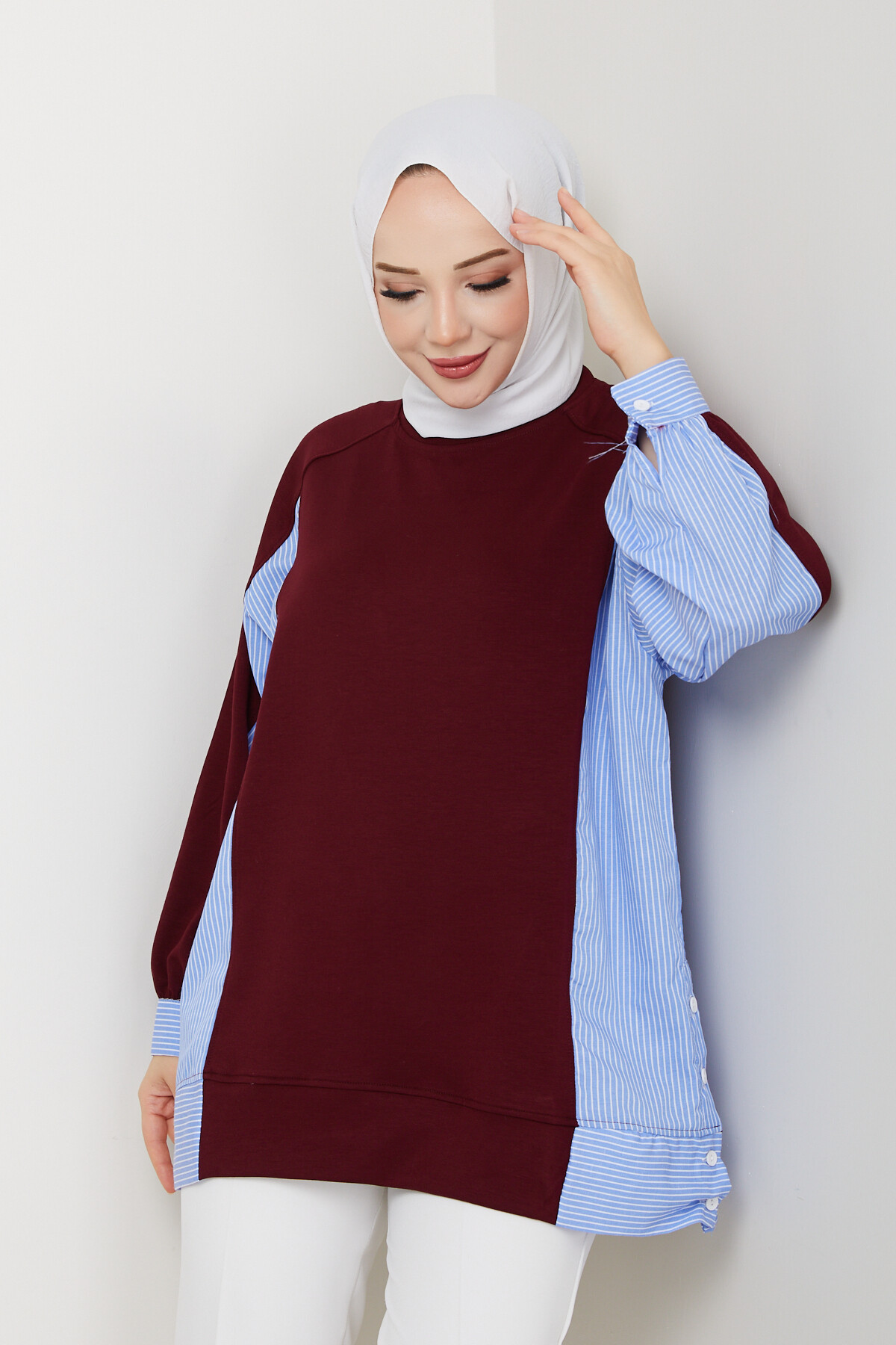 Oysho Yan Düğmeli Çizgi Garnili Tunik Bordo