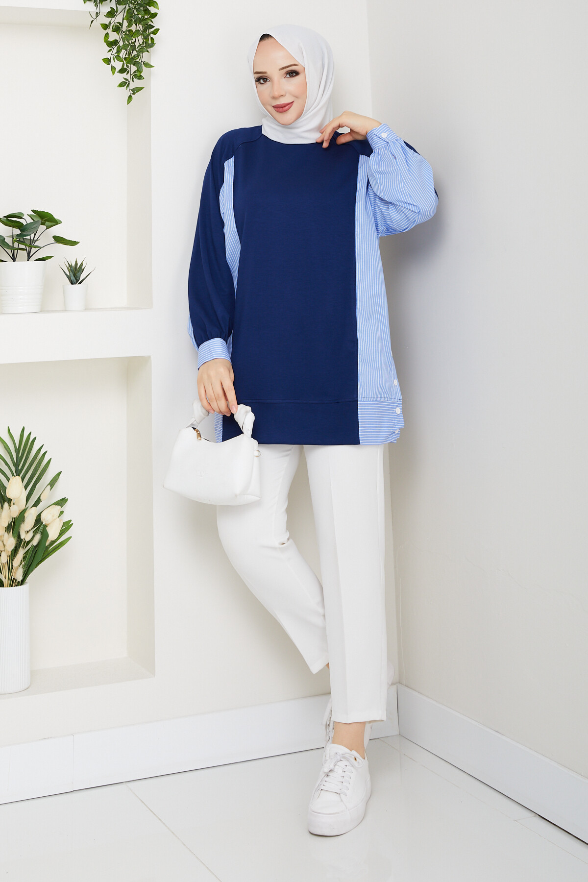 Oysho Yan Düğmeli Çizgi Garnili Tunik Lacivert