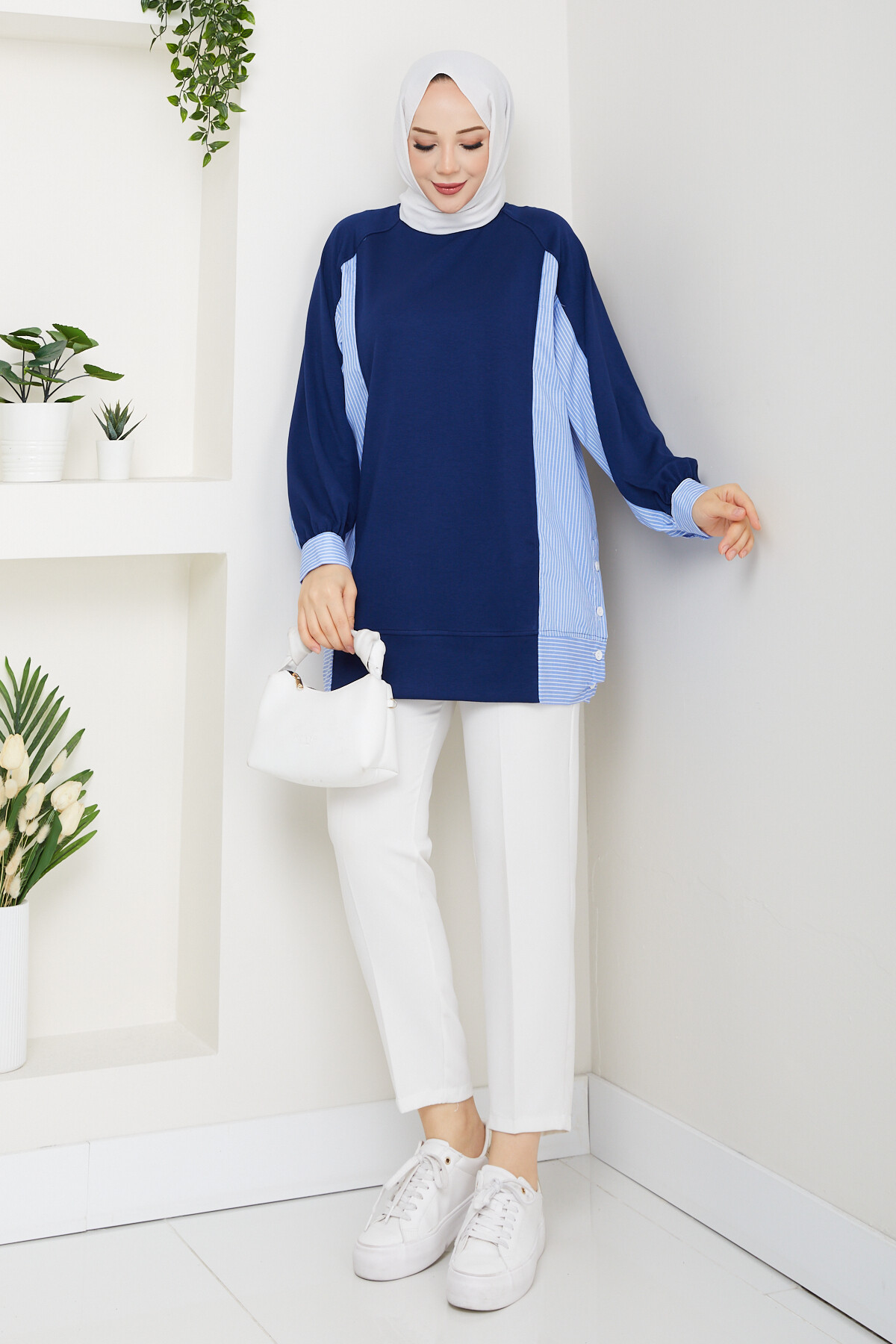 Oysho Yan Düğmeli Çizgi Garnili Tunik Lacivert