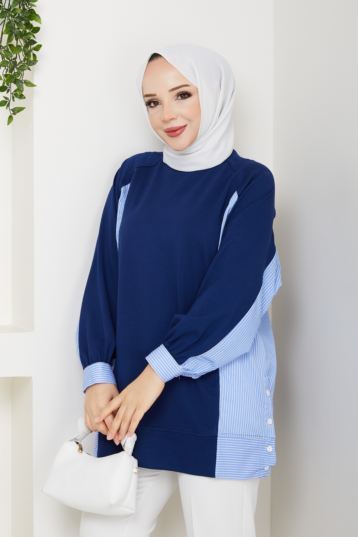 Oysho Yan Düğmeli Çizgi Garnili Tunik Lacivert