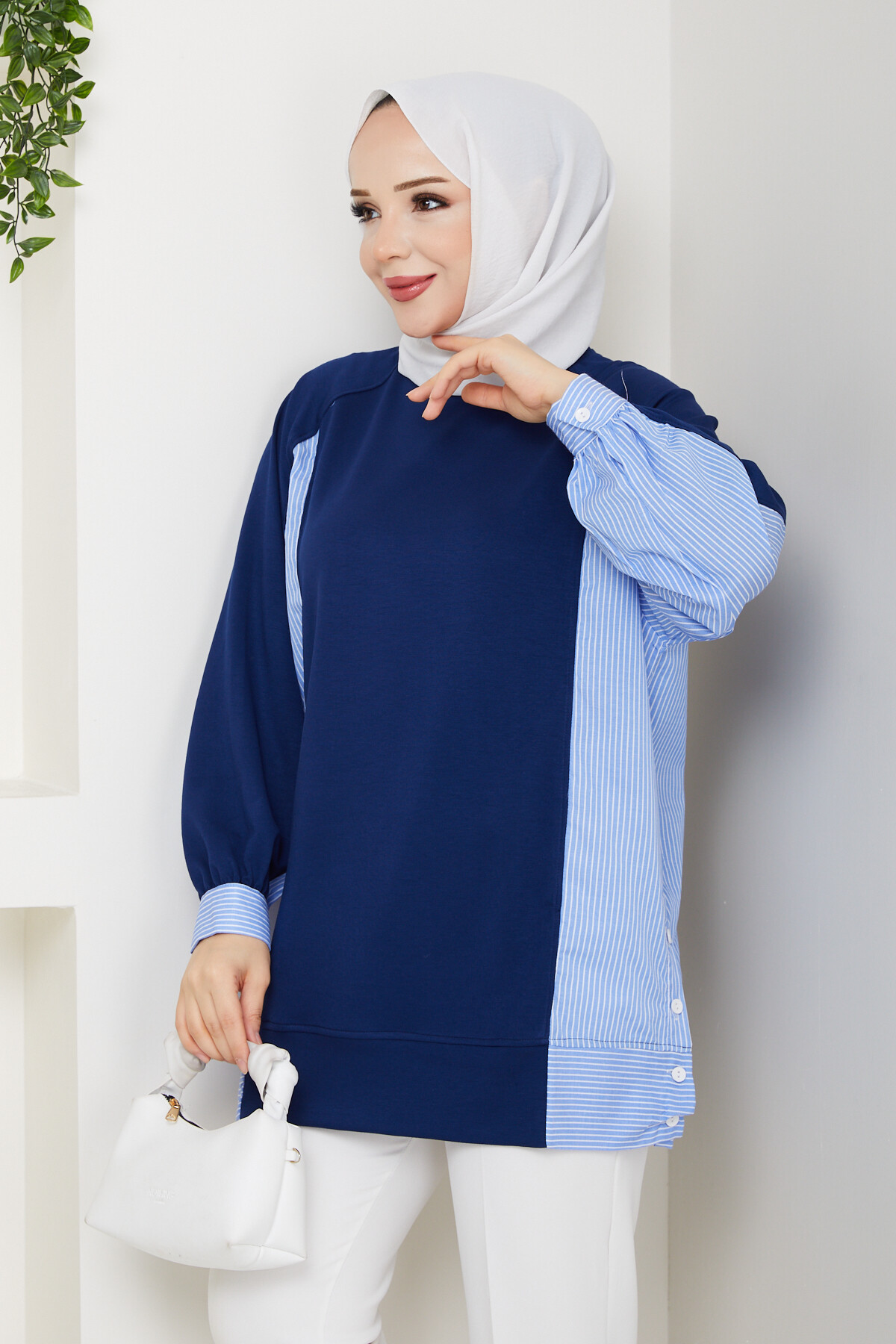 Oysho Yan Düğmeli Çizgi Garnili Tunik Lacivert