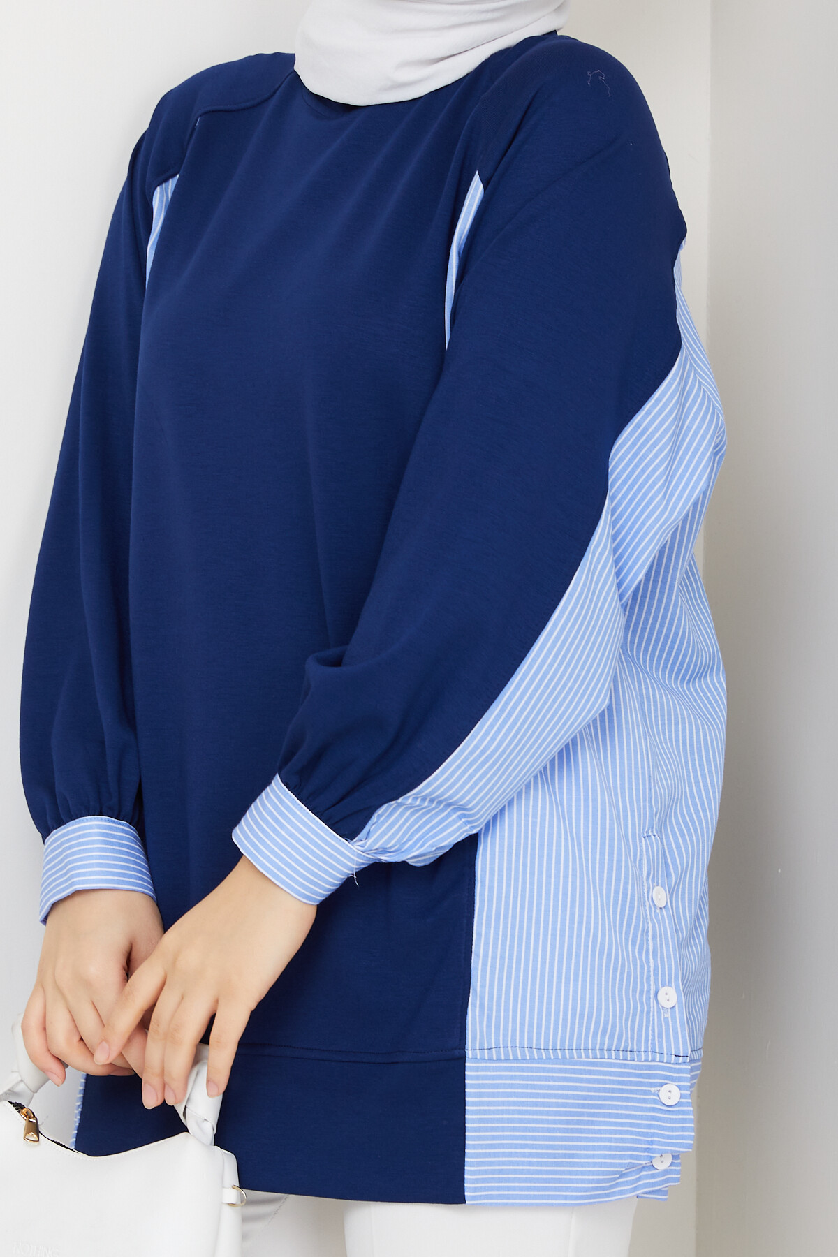 Oysho Yan Düğmeli Çizgi Garnili Tunik Lacivert