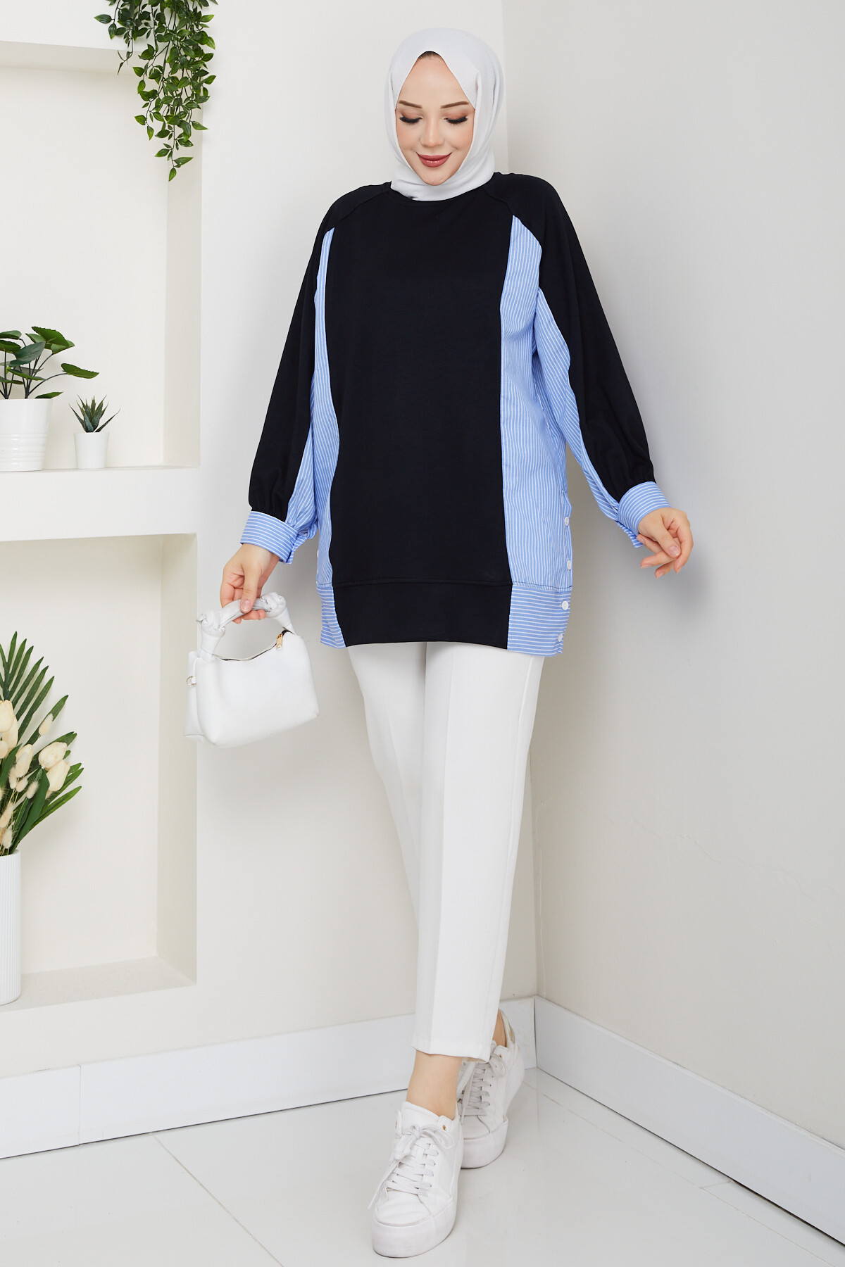 Oysho Yan Düğmeli Çizgi Garnili Tunik Siyah