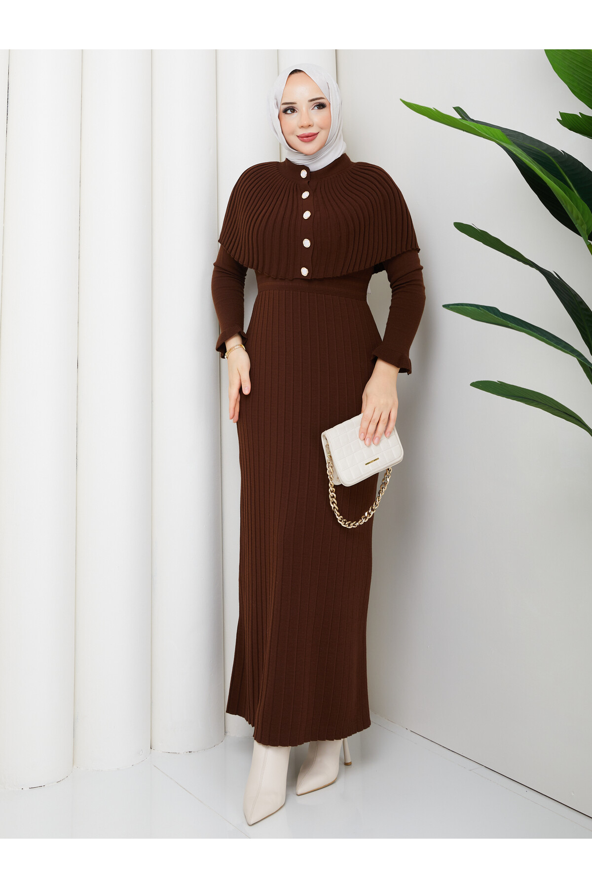 PELERİNLİ ELBİSE - ACIKAHVE