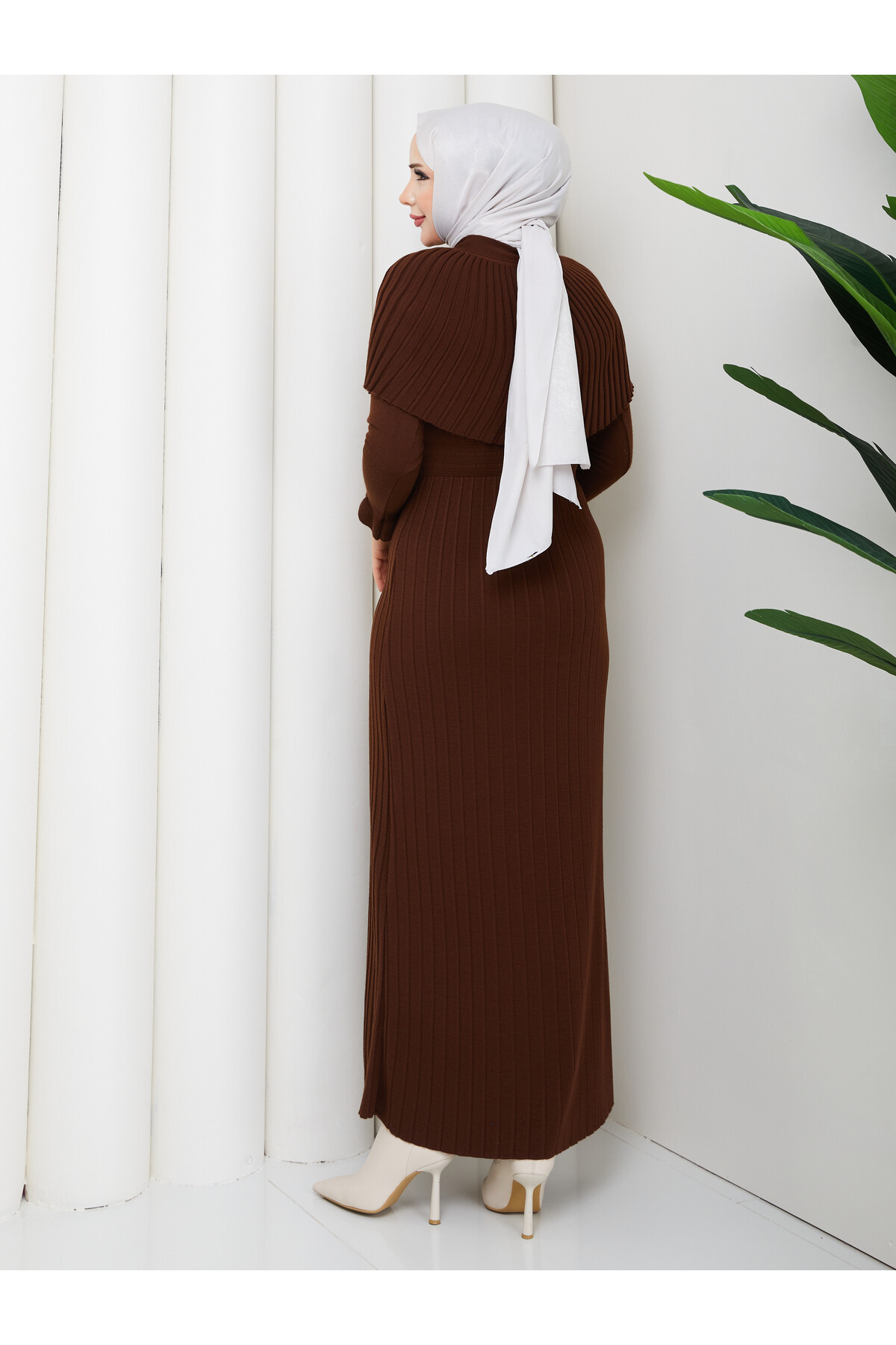 PELERİNLİ ELBİSE - ACIKAHVE