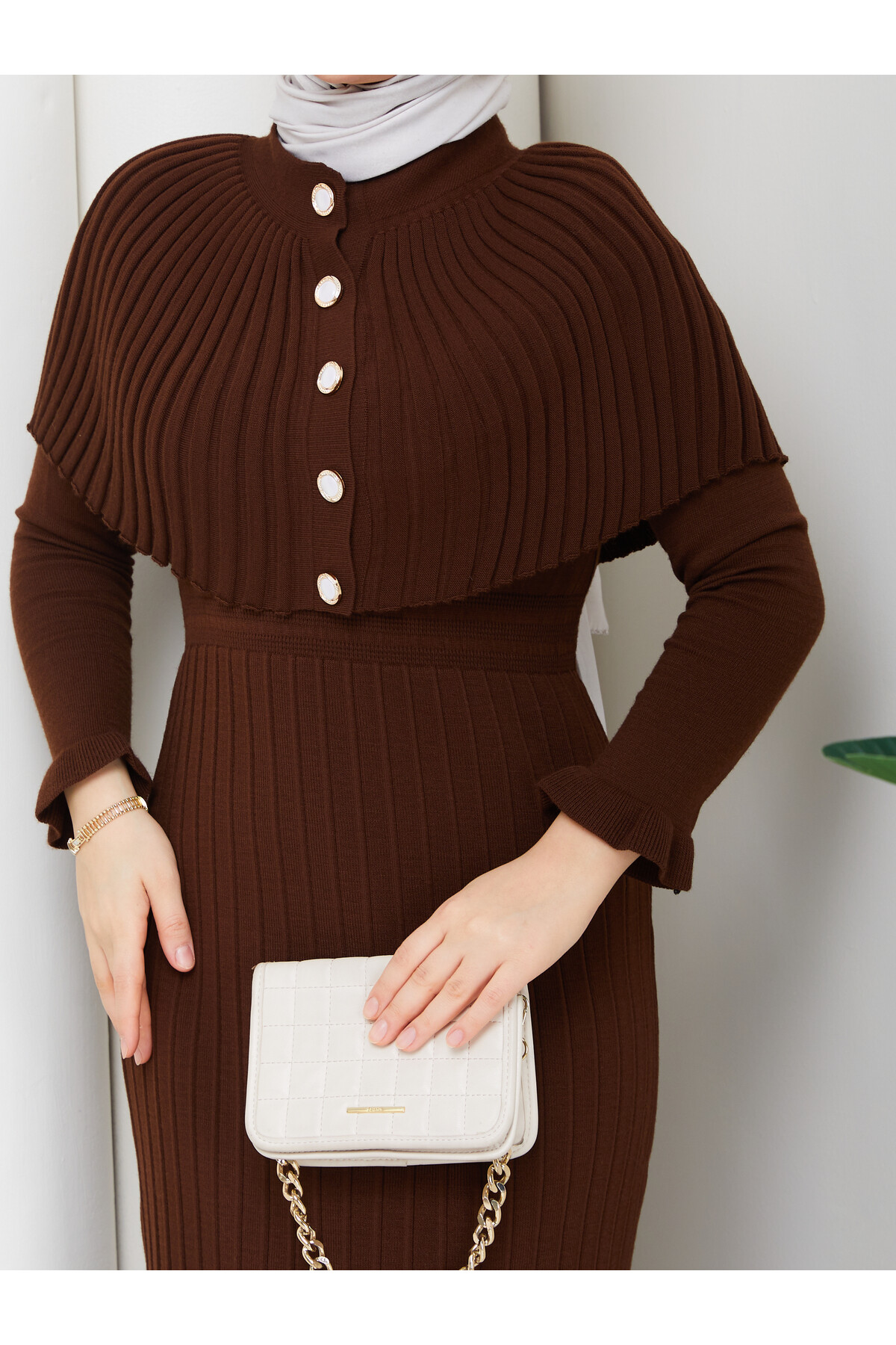 PELERİNLİ ELBİSE - ACIKAHVE