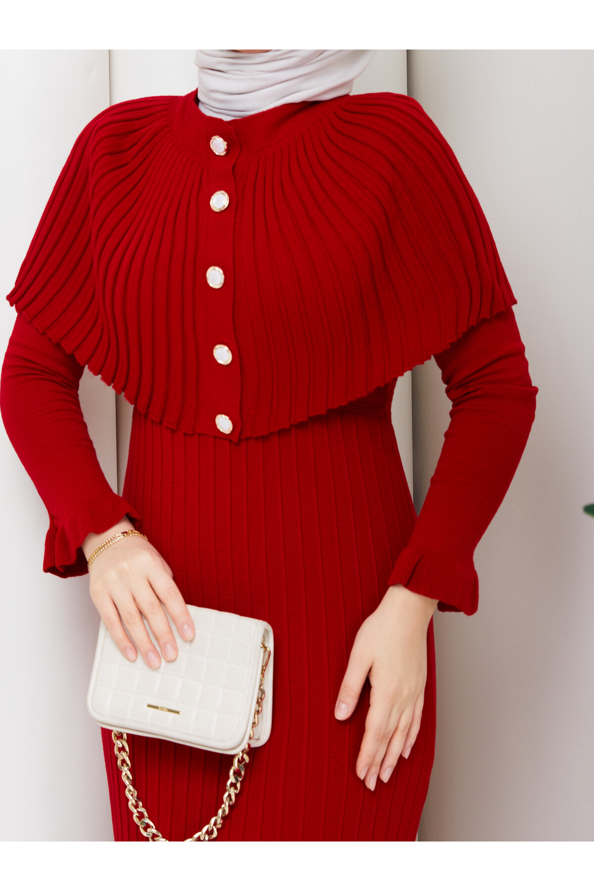 PELERİNLİ ELBİSE - KIRMIZI