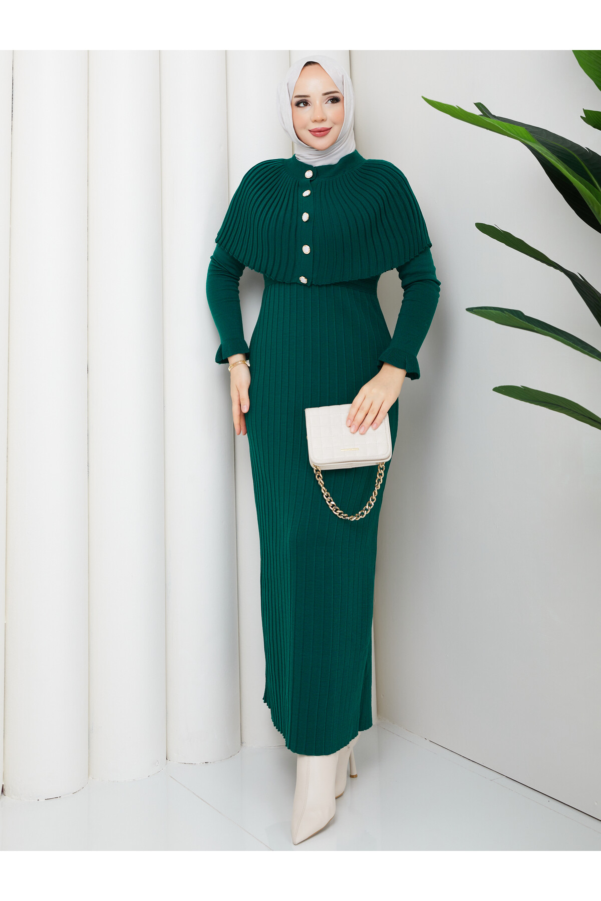 PELERİNLİ ELBİSE - YEŞİL