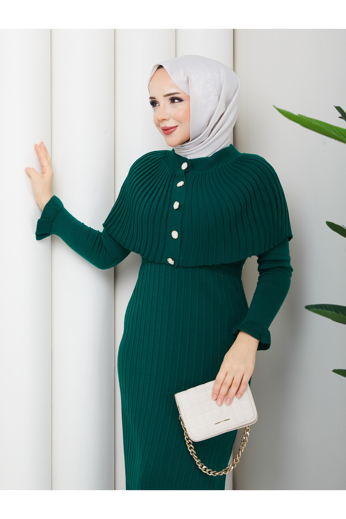 PELERİNLİ ELBİSE - YEŞİL