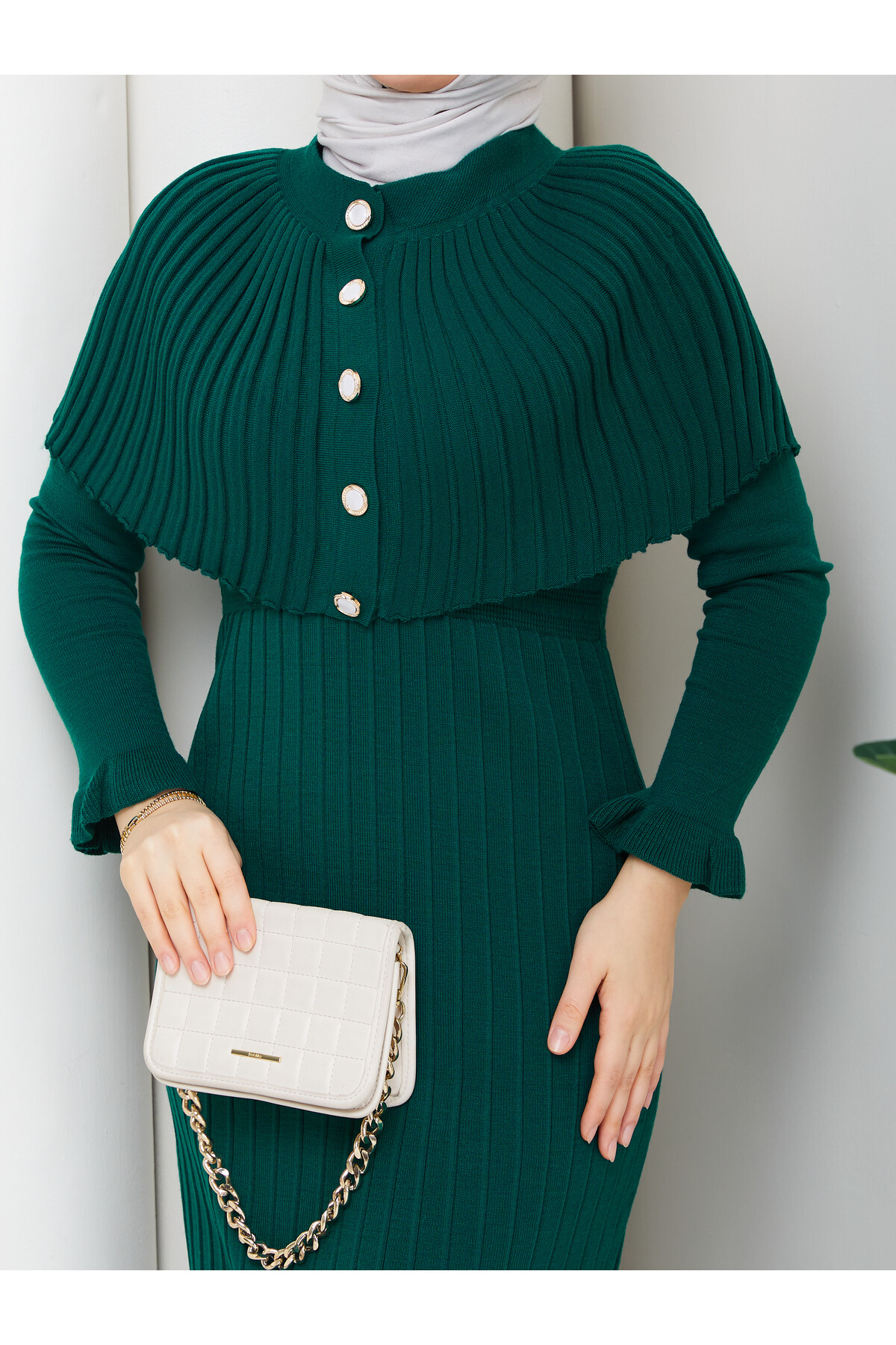 PELERİNLİ ELBİSE - YEŞİL