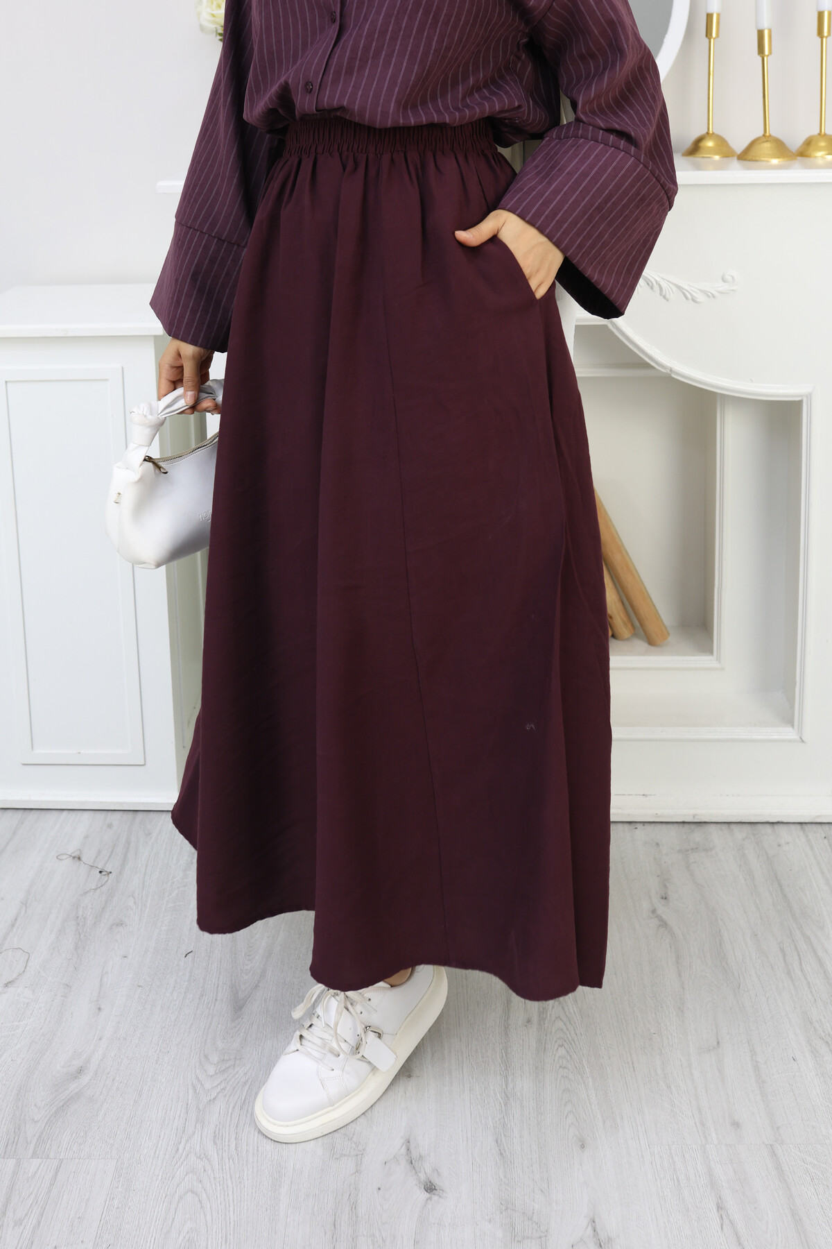 PERY CEPLİ KETEN ETEK -BORDO