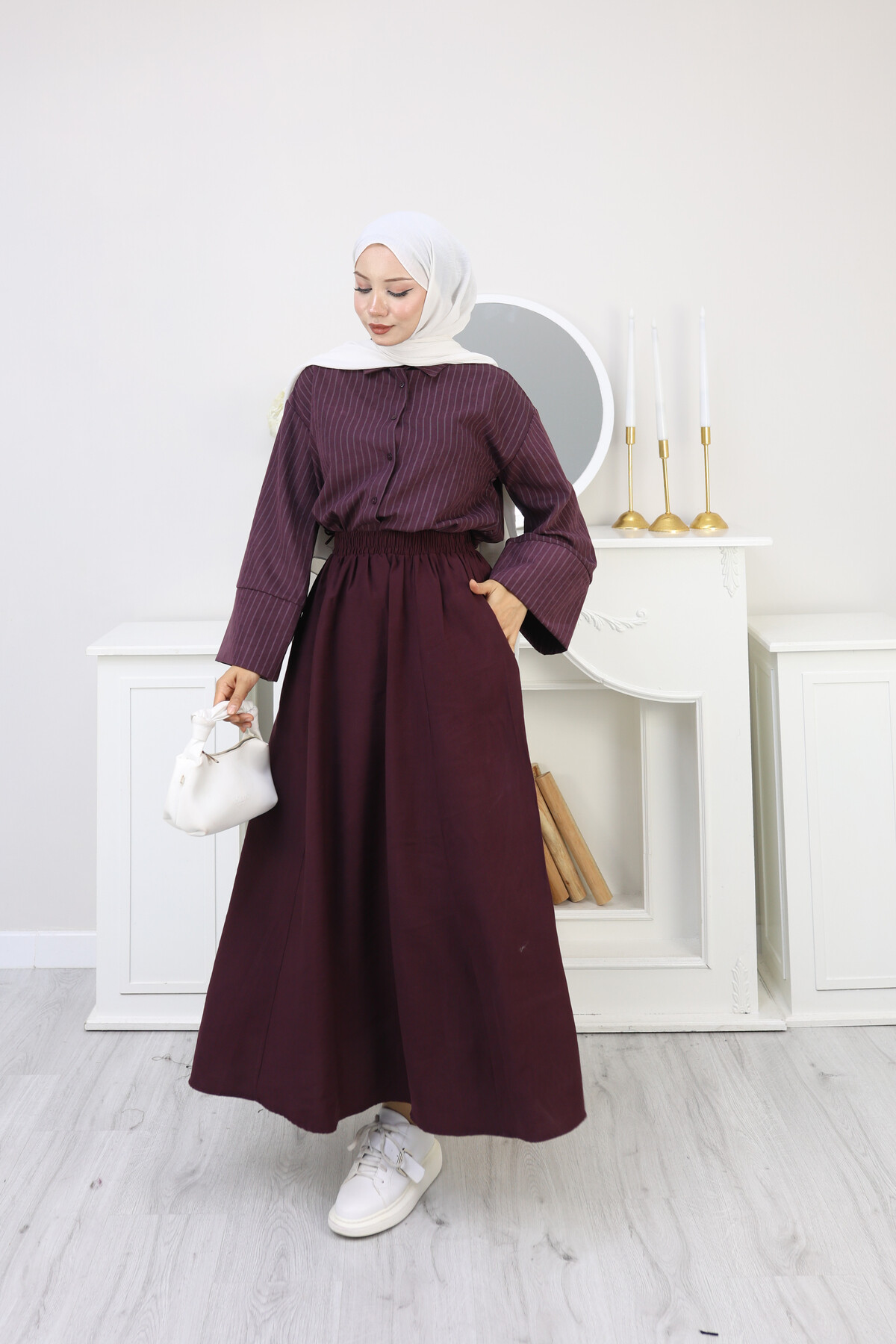 PERY CEPLİ KETEN ETEK -BORDO