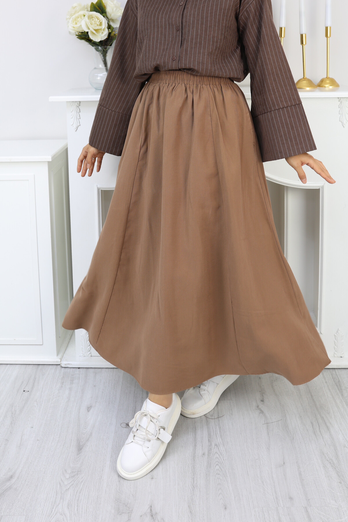 PERY CEPLİ KETEN ETEK -CAMEL