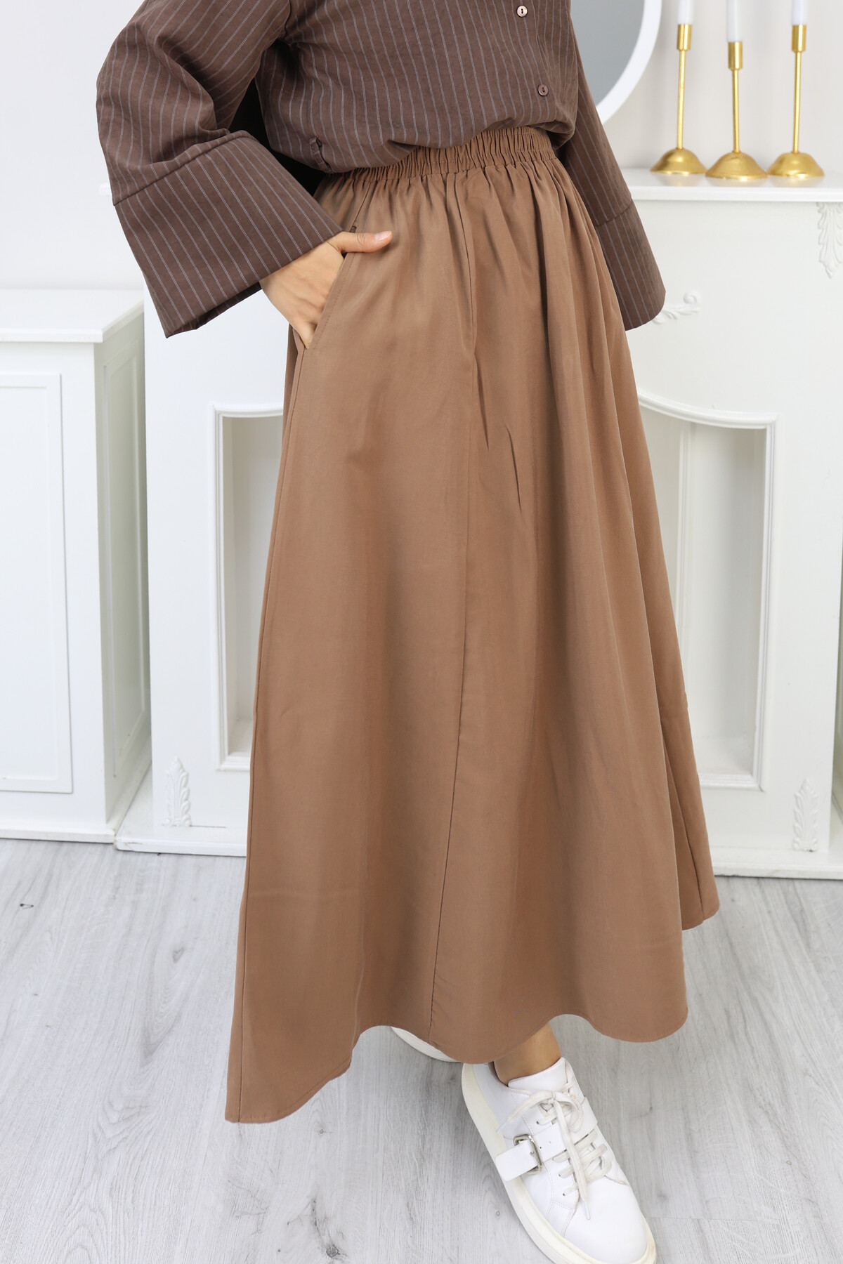 PERY CEPLİ KETEN ETEK -CAMEL