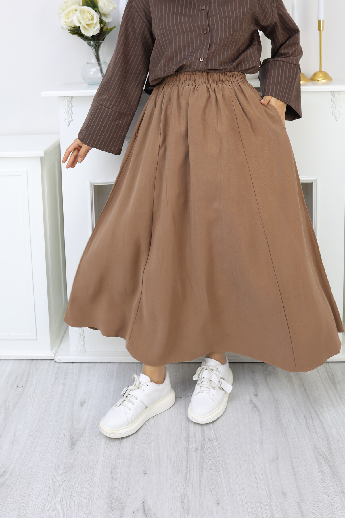 PERY CEPLİ KETEN ETEK -CAMEL