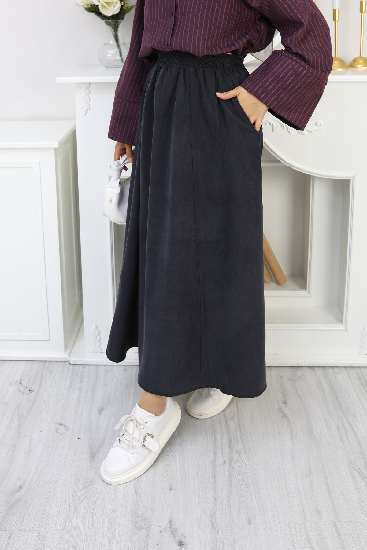 PERY CEPLİ KETEN ETEK -FÜME