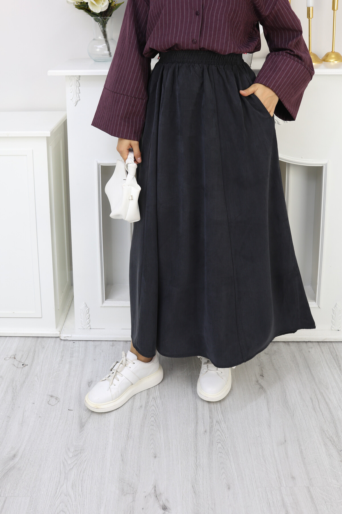 PERY CEPLİ KETEN ETEK -FÜME