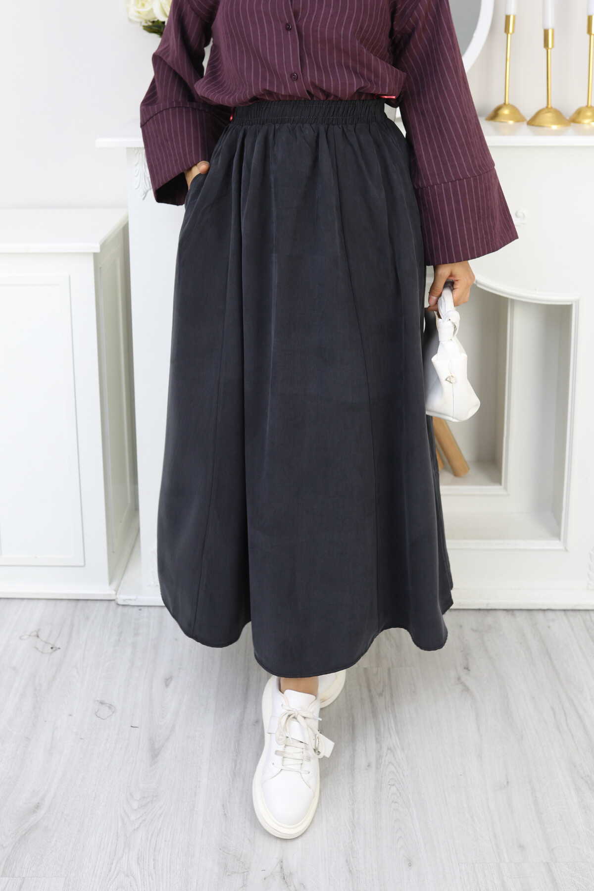 PERY CEPLİ KETEN ETEK -FÜME