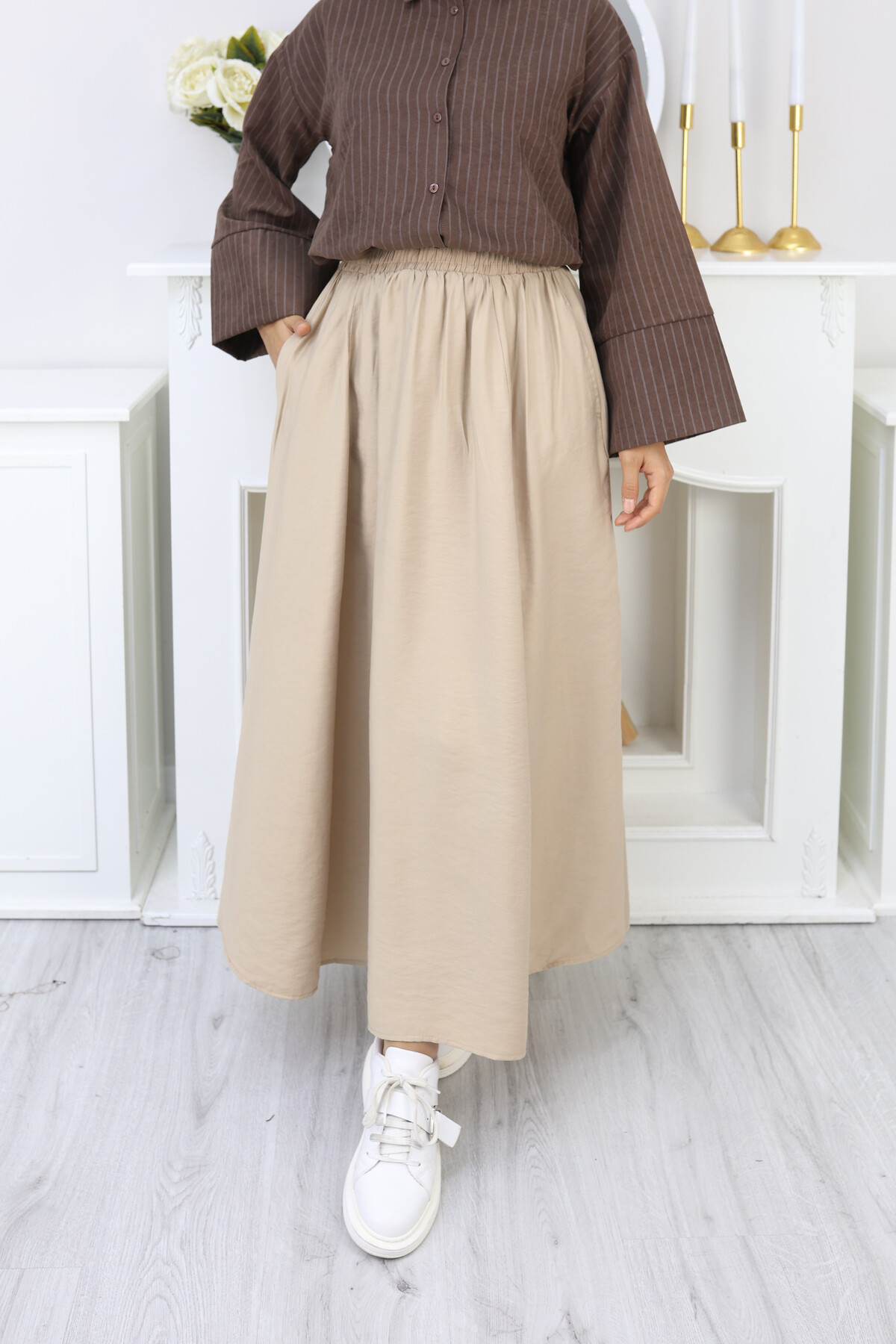 PERY CEPLİ KETEN ETEK -KREM