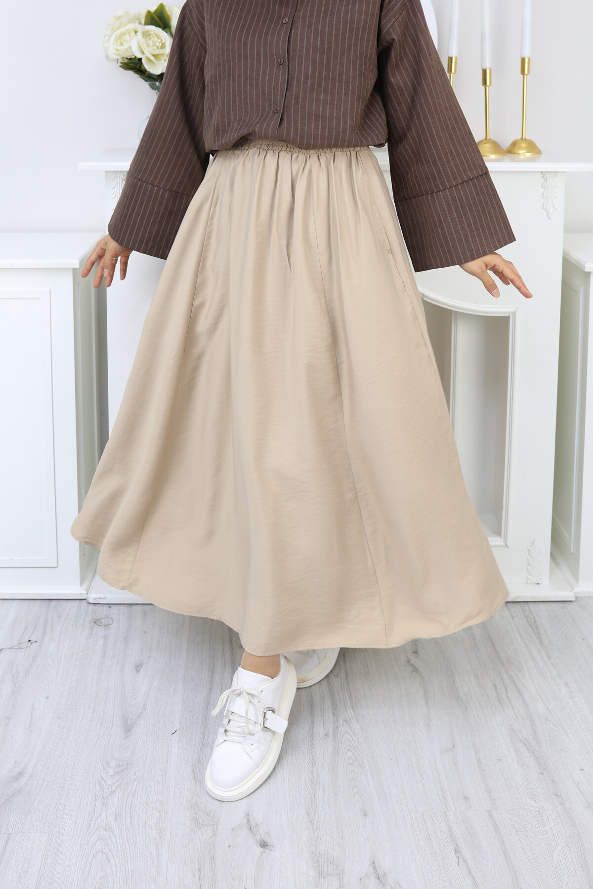 PERY CEPLİ KETEN ETEK -KREM