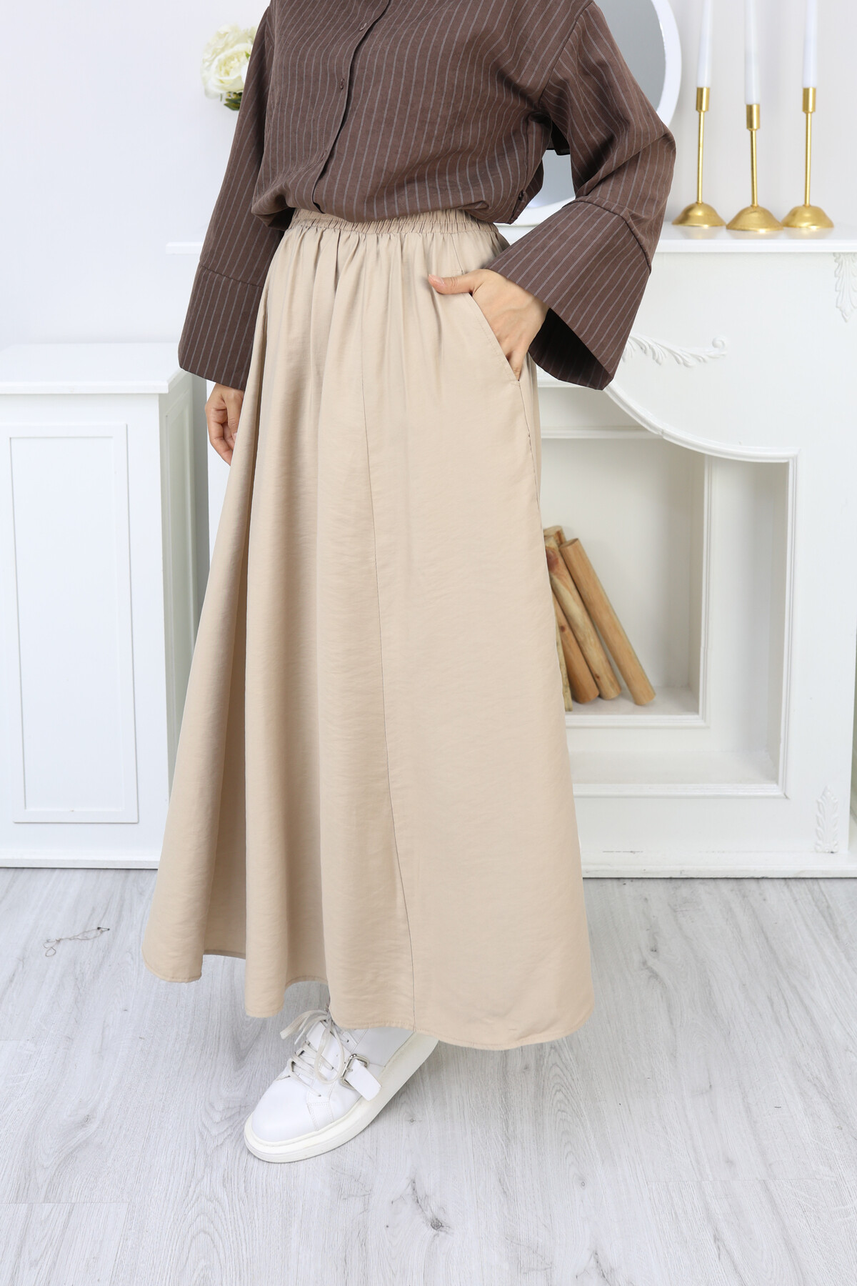 PERY CEPLİ KETEN ETEK -KREM