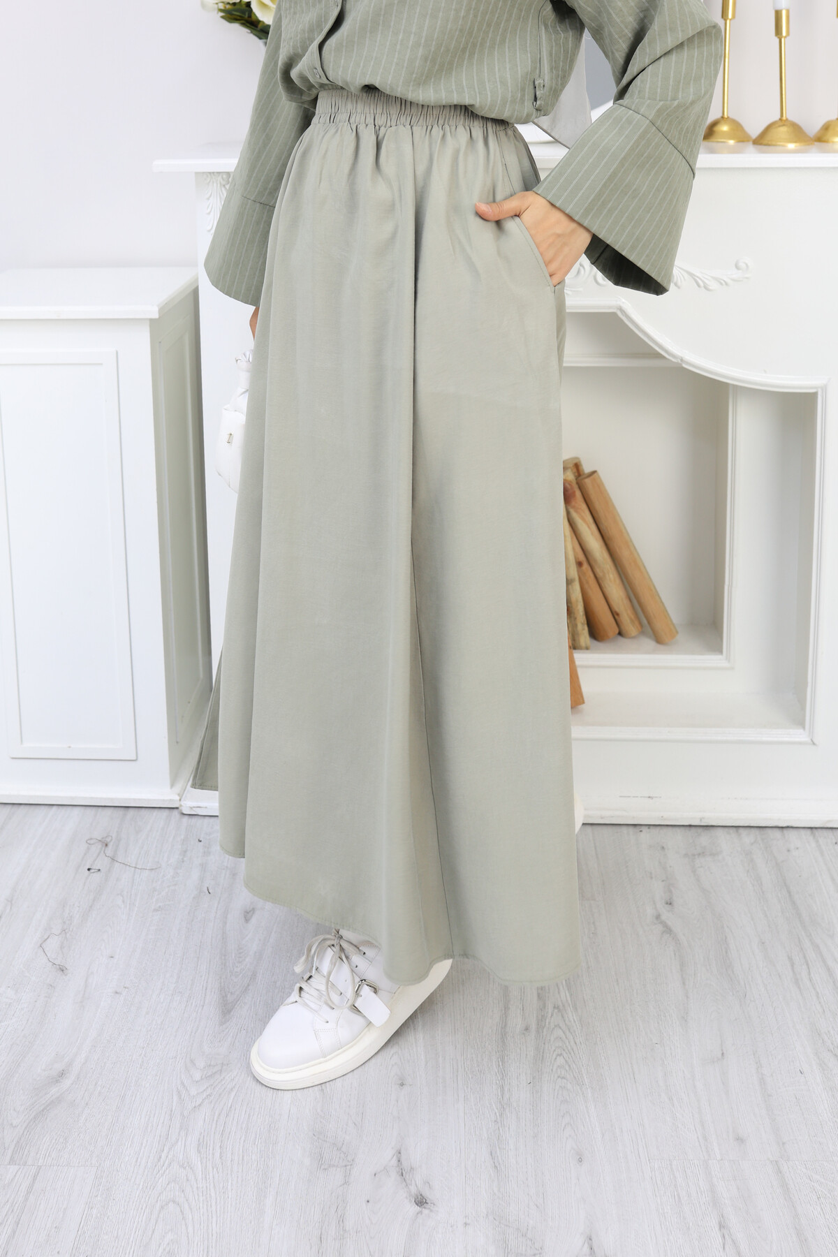 PERY CEPLİ KETEN ETEK -MİNT YEŞİL