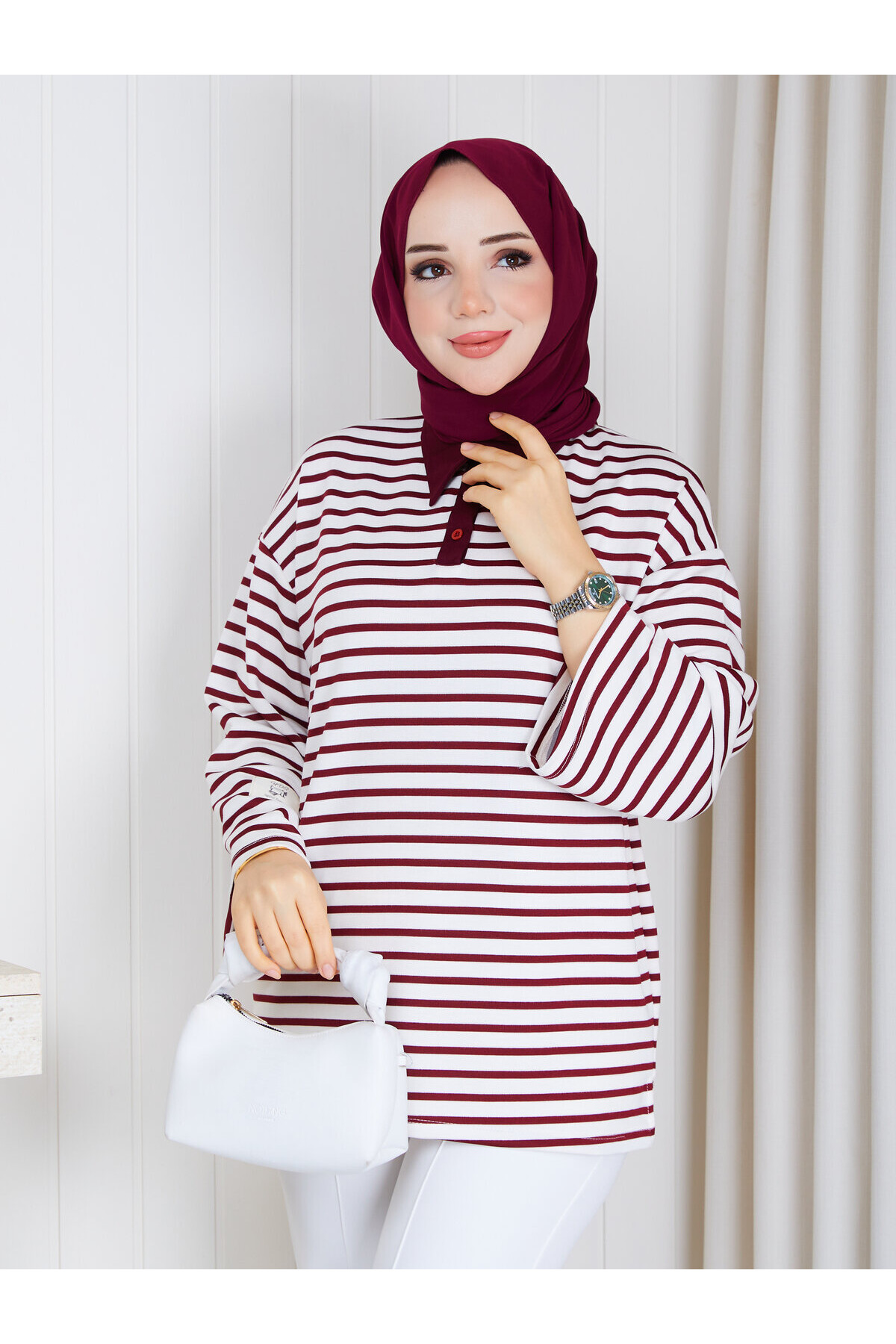 Polo Yaka Çizgili Oversize Oysho Sweat-Bordo Beyaz çizgili