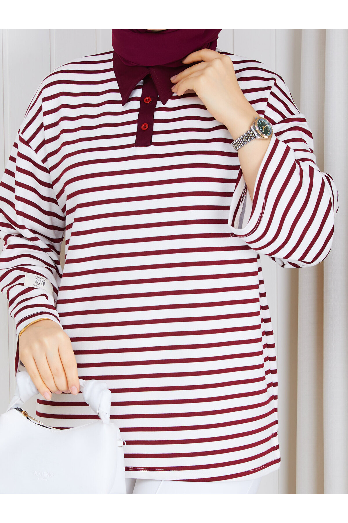 Polo Yaka Çizgili Oversize Oysho Sweat-Bordo Beyaz çizgili