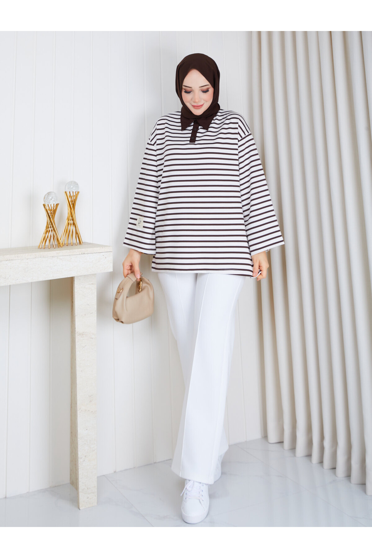 Polo Yaka Çizgili Oversize Oysho Sweat-Kahve Beyaz çizgili