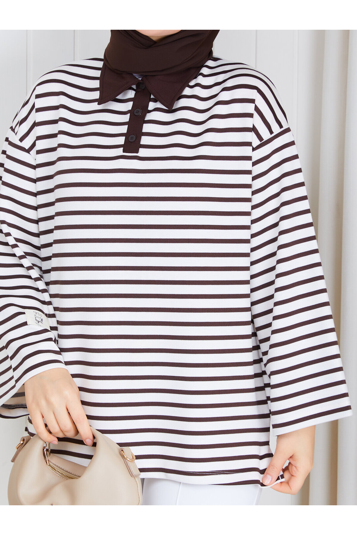 Polo Yaka Çizgili Oversize Oysho Sweat-Kahve Beyaz çizgili