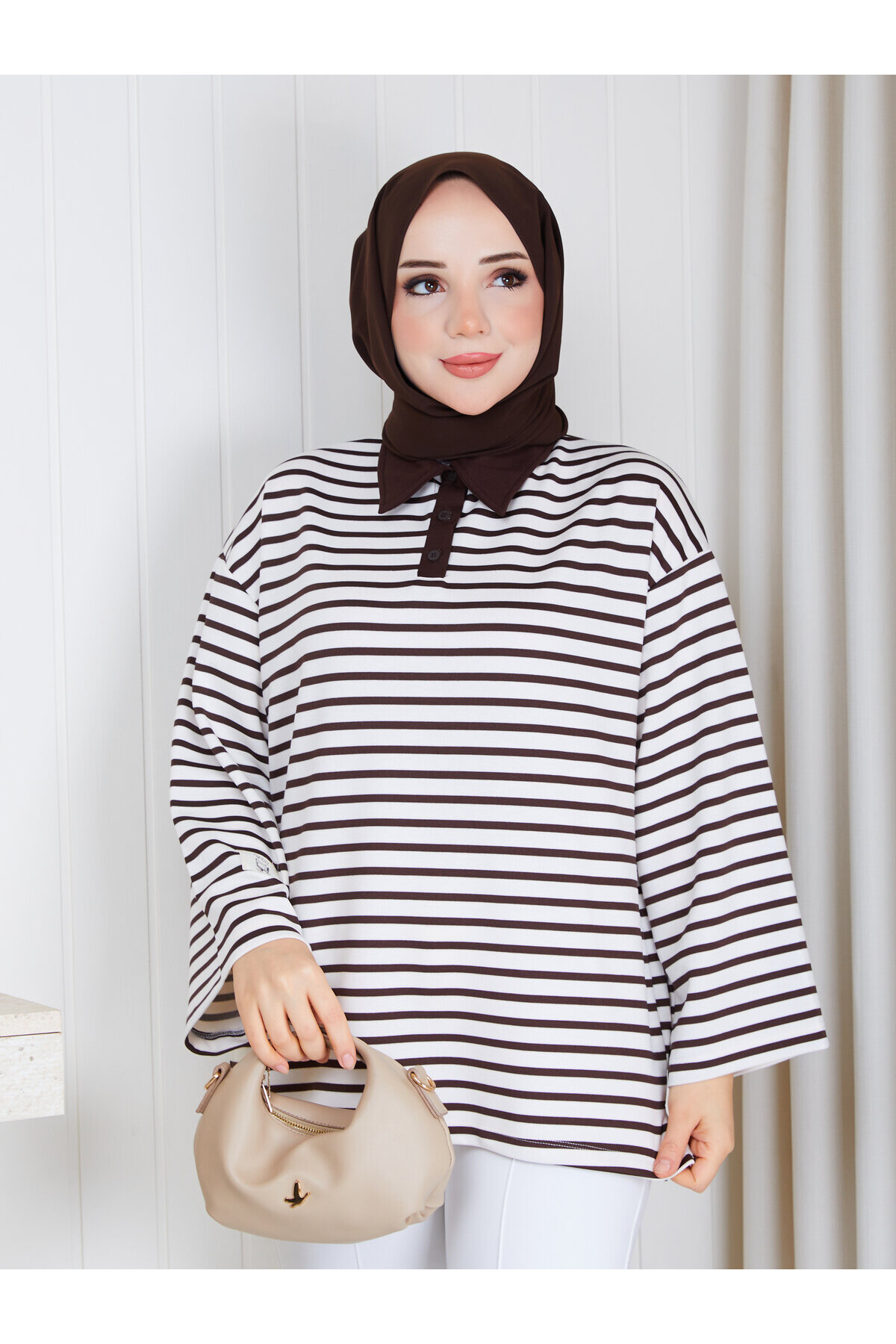 Polo Yaka Çizgili Oversize Oysho Sweat-Kahve Beyaz çizgili