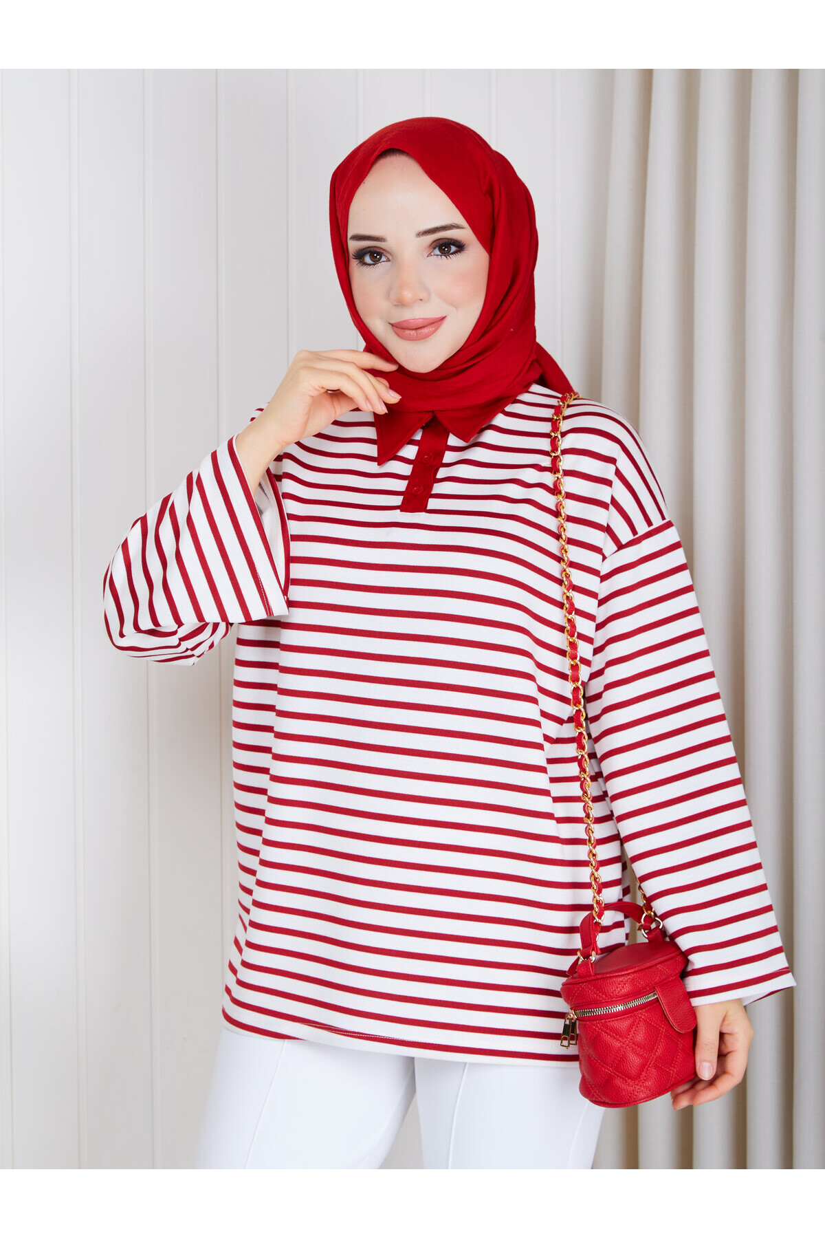 Polo Yaka Çizgili Oversize Oysho Sweat-Kırmızı beyaz çizgili