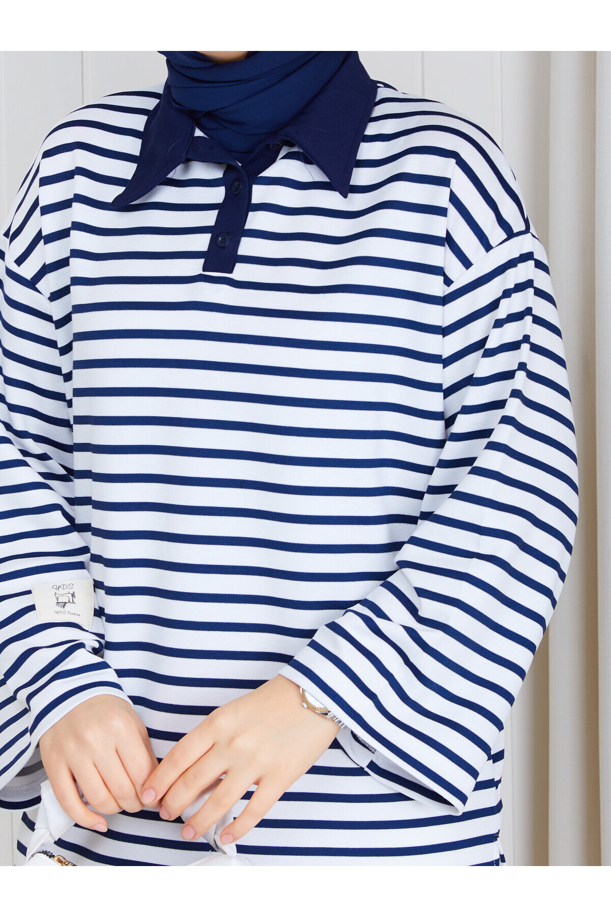 Polo Yaka Çizgili Oversize Oysho Sweat-Lacivert beyaz çizgili