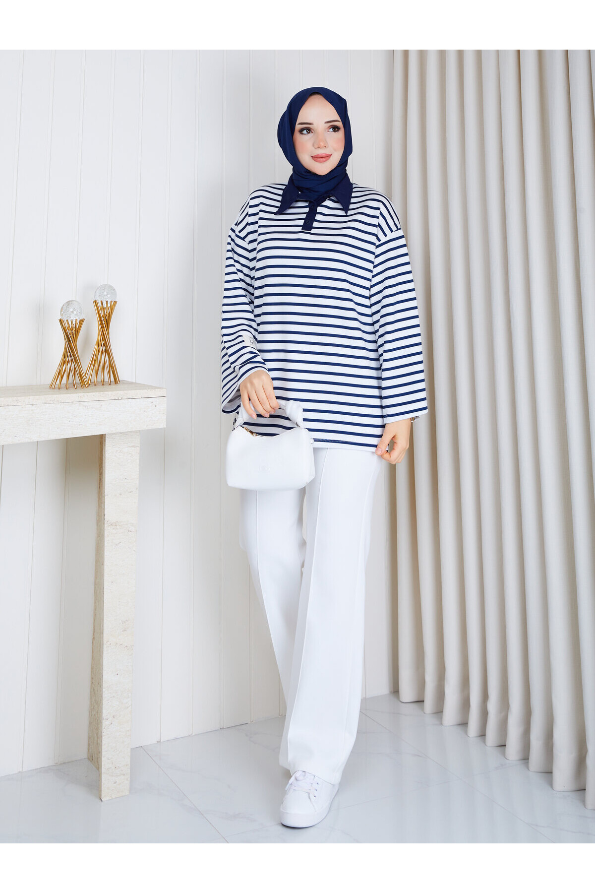 Polo Yaka Çizgili Oversize Oysho Sweat-Lacivert beyaz çizgili