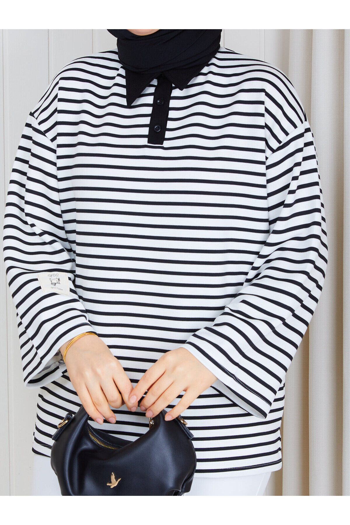 Polo Yaka Çizgili Oversize Oysho Sweat-Siyah Beyaz  çizgili
