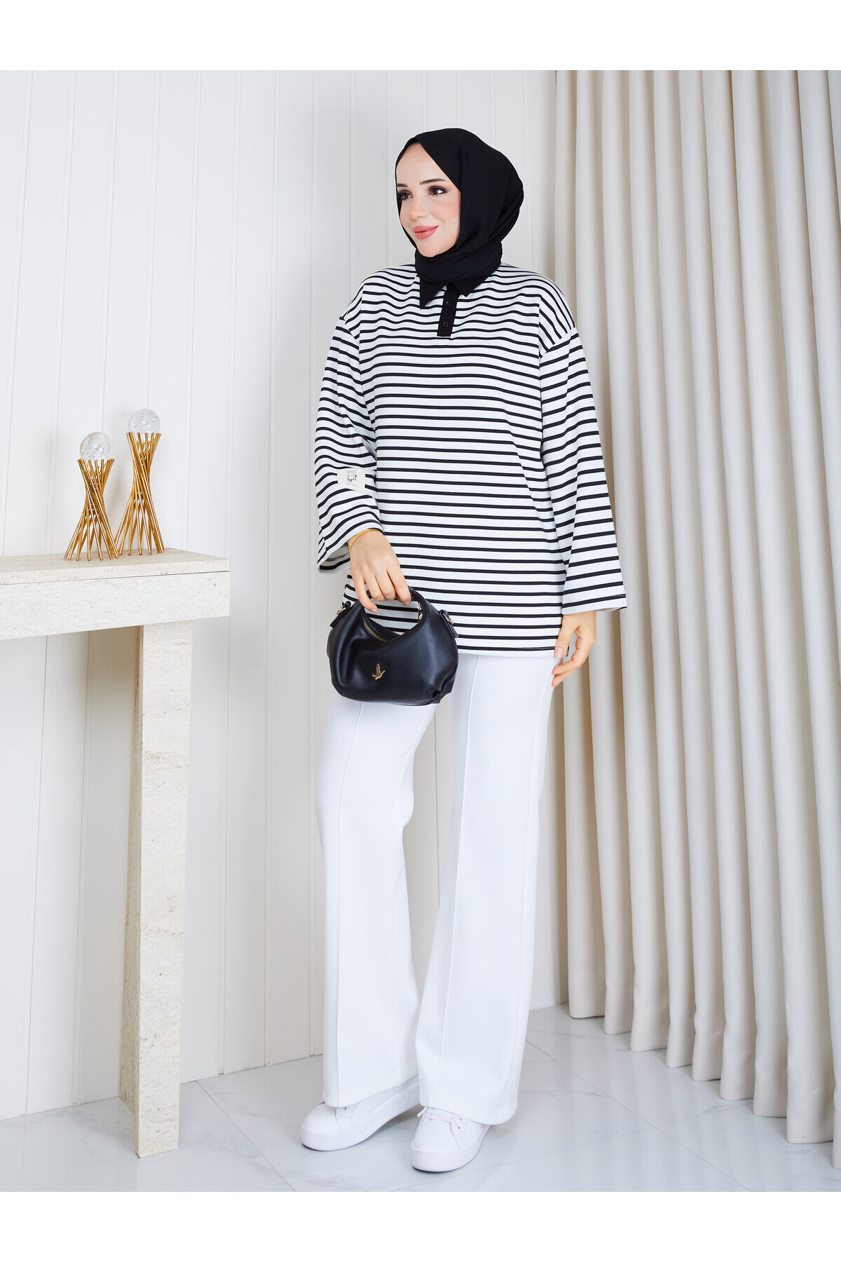 Polo Yaka Çizgili Oversize Oysho Sweat-Siyah Beyaz  çizgili