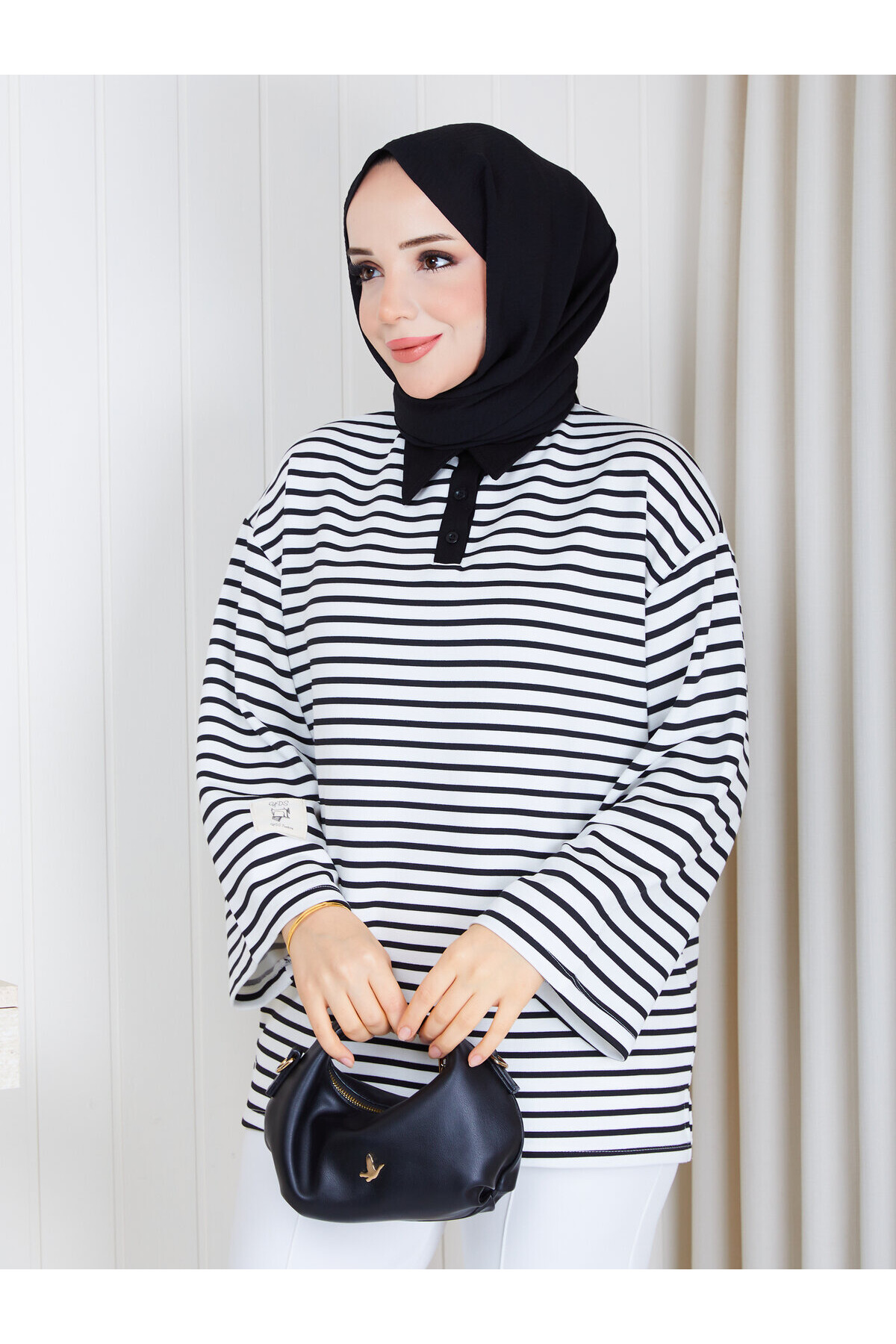 Polo Yaka Çizgili Oversize Oysho Sweat-Siyah Beyaz  çizgili