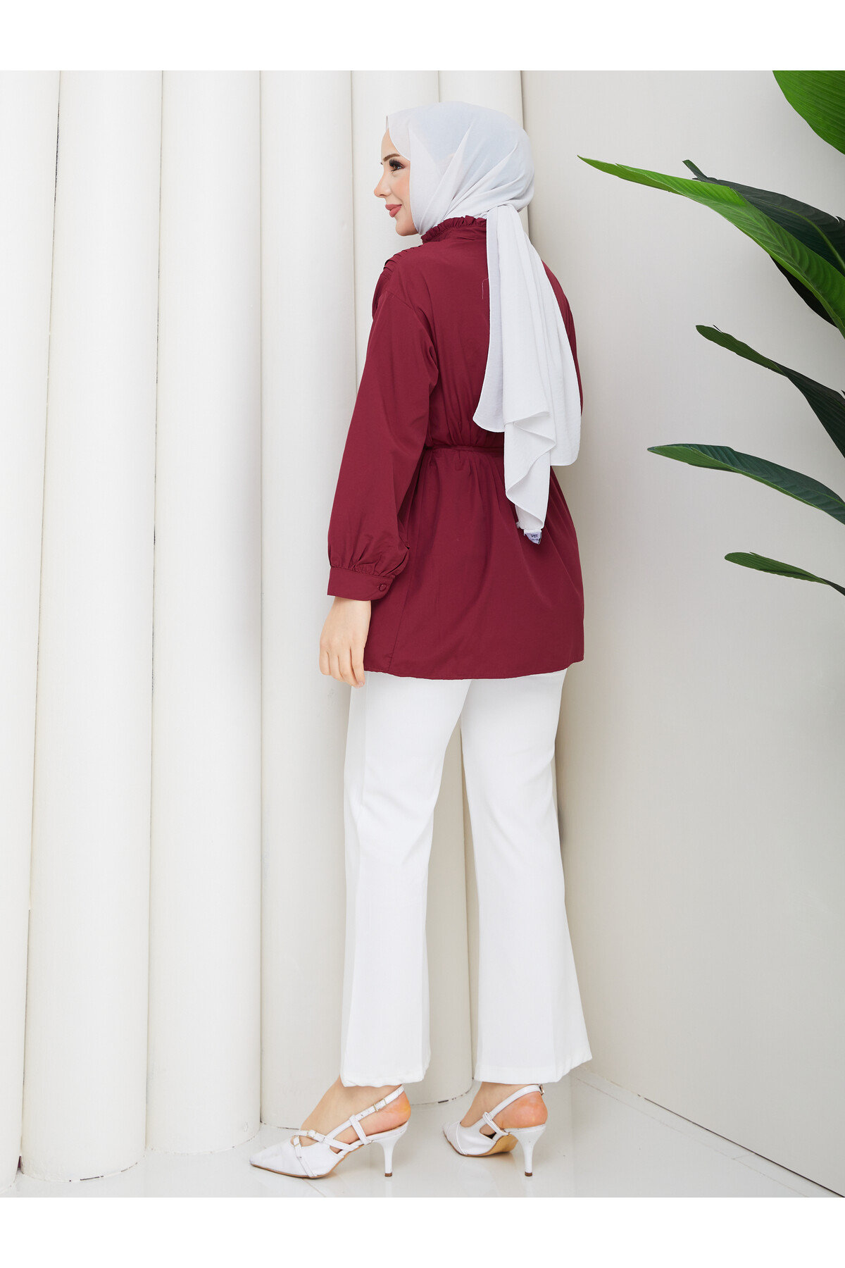 POPLİN V NERVÜRLÜ GÖMLEK KOMBİN - BORDO