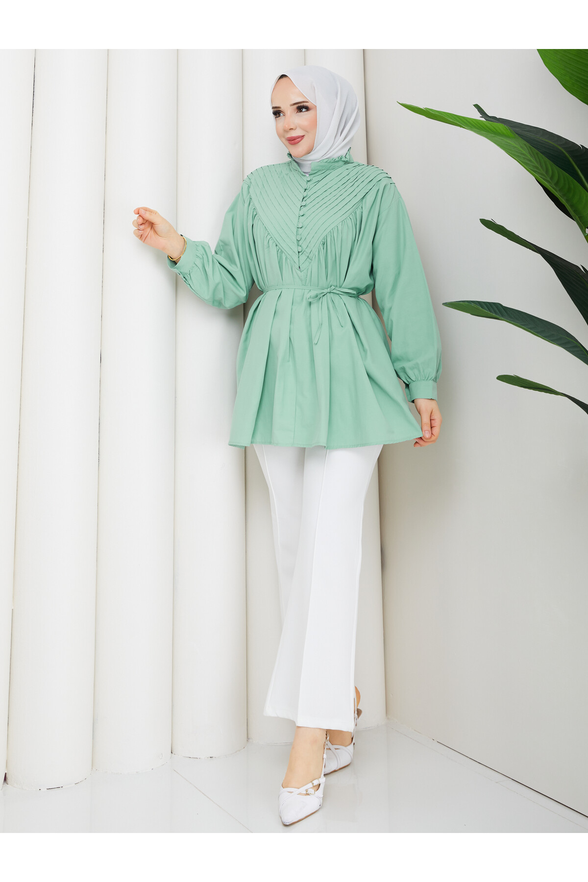 POPLİN V NERVÜRLÜ GÖMLEK KOMBİN - MİNT YEŞİLİ