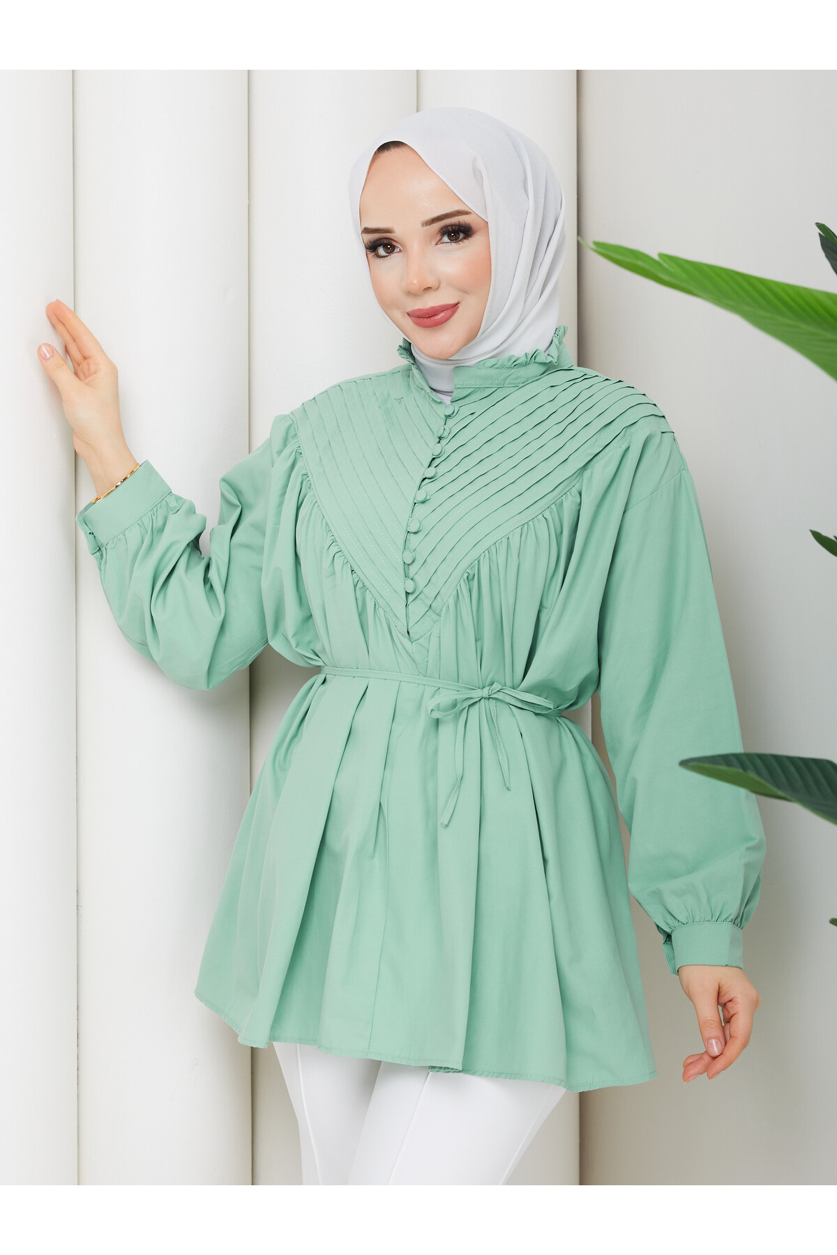 POPLİN V NERVÜRLÜ GÖMLEK KOMBİN - MİNT YEŞİLİ