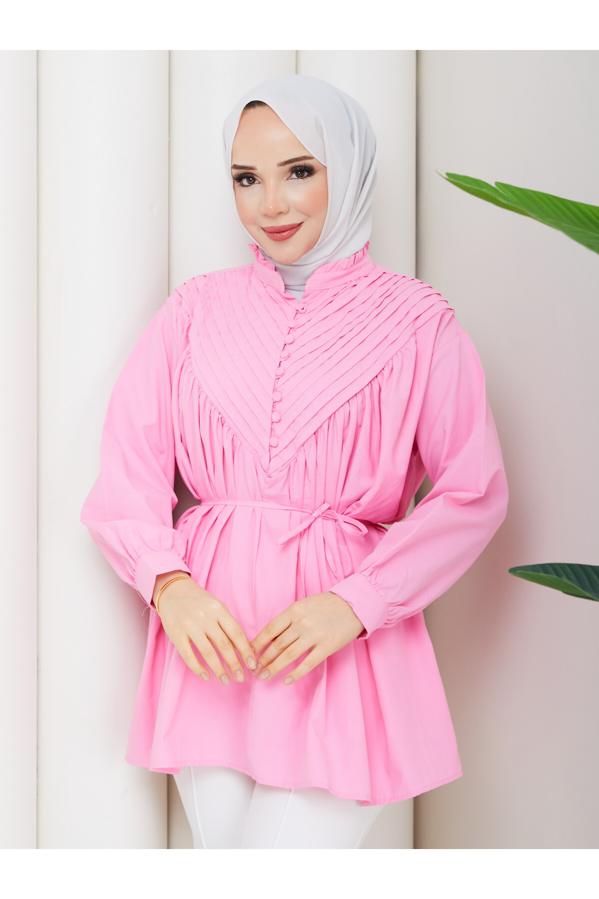 POPLİN V NERVÜRLÜ GÖMLEK KOMBİN - PEMBE