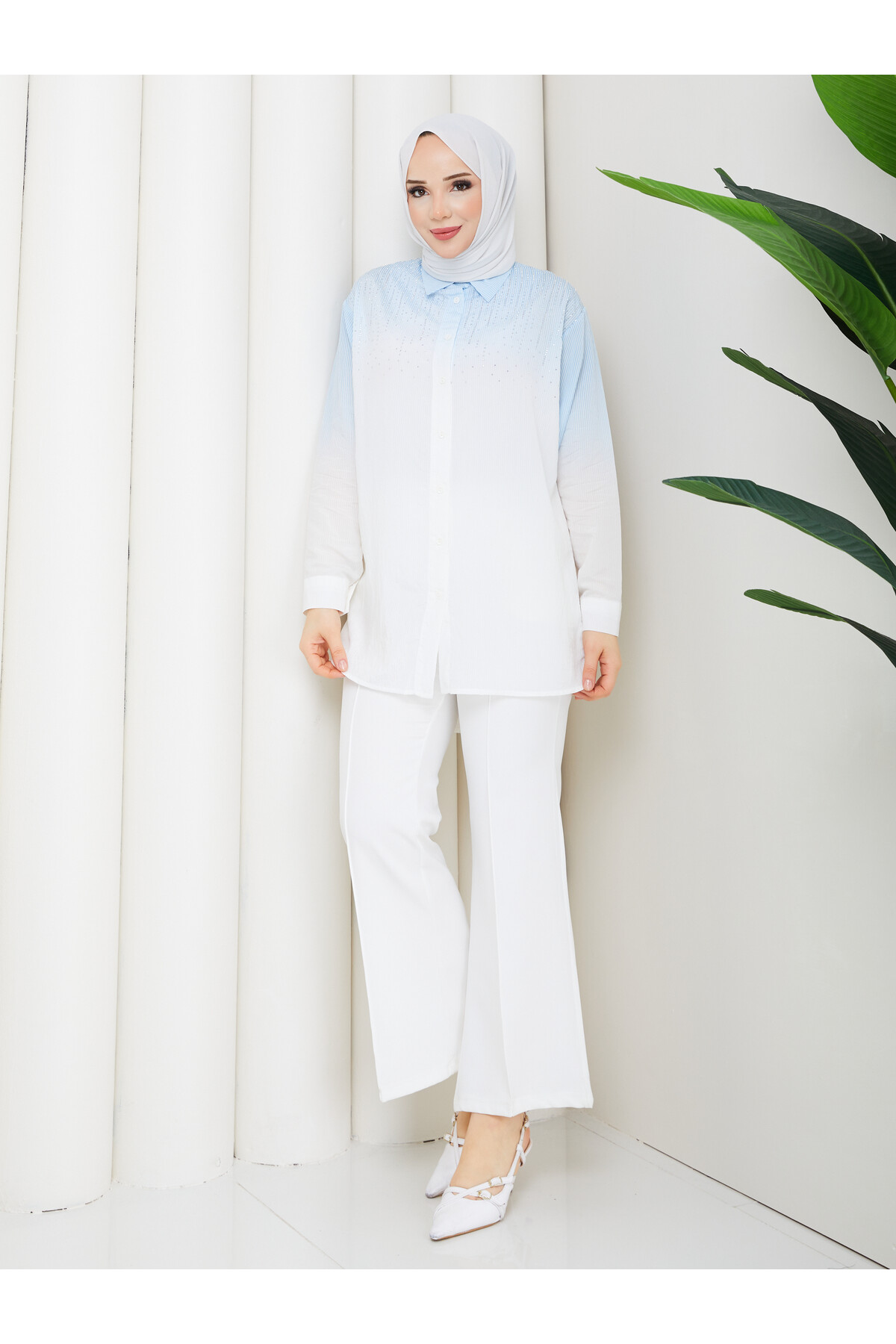 ROCCO ÇİZGİLİ TAŞLI GÖMLEK KOMBİN - SARI