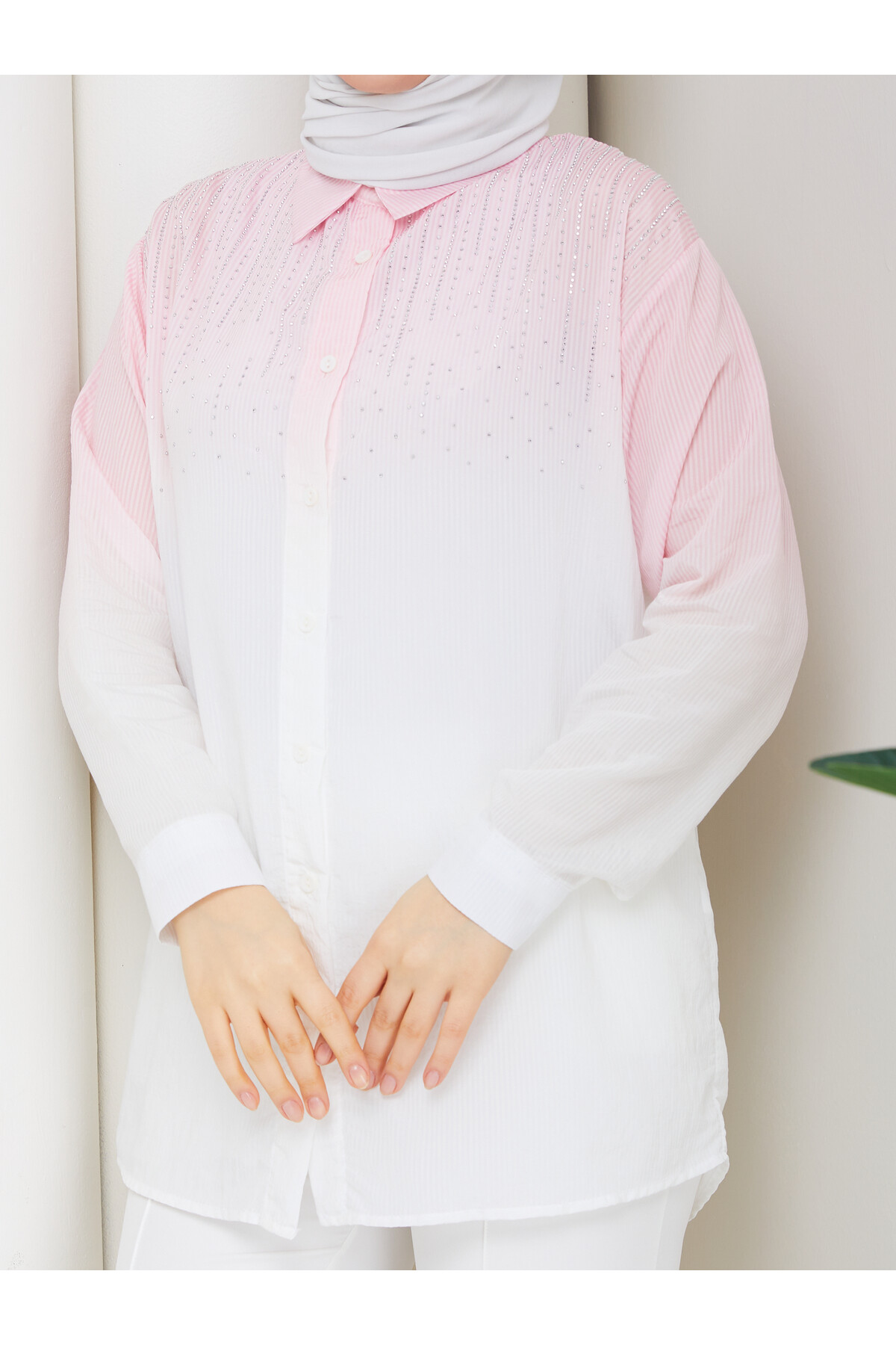 ROCCO ÇİZGİLİ TAŞLI GÖMLEK - TOZ PEMBE