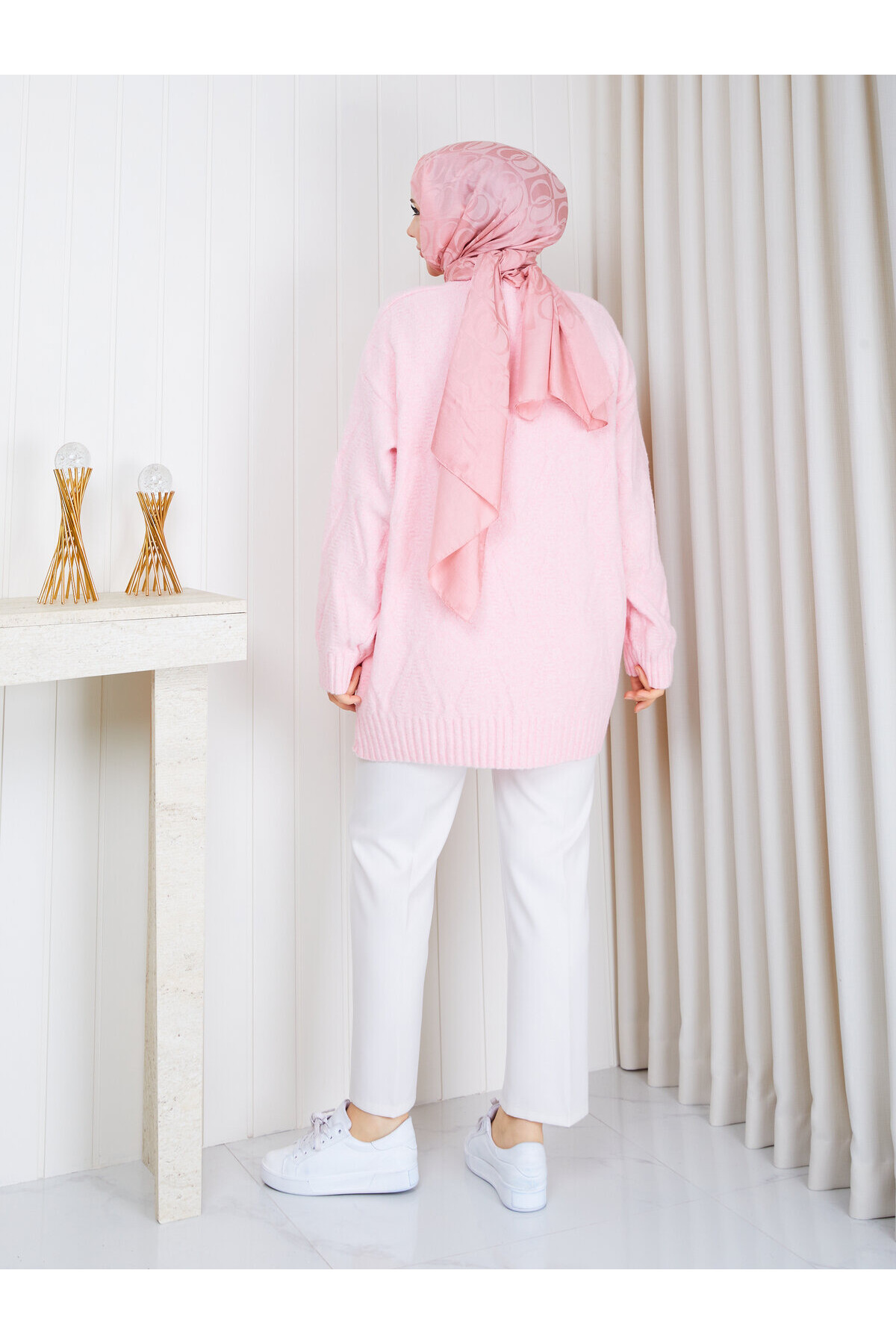 1326 Saç Örgü Desenli Oversize Triko Kazak – Pudra Pembe